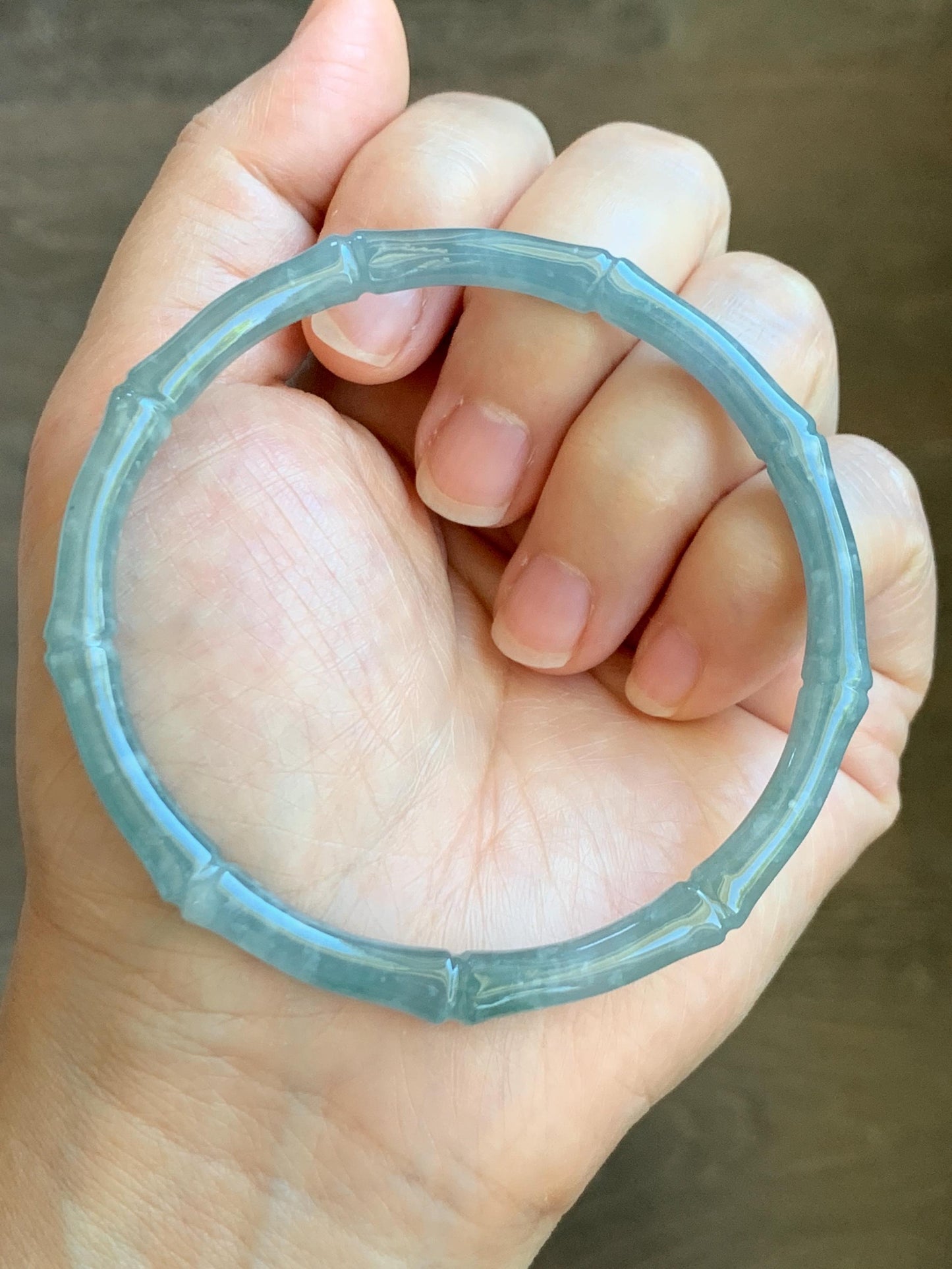 Certified Natural Guatemalan Icy Translucent Gelatinous Pastel Blue Jade Jadeite Carved Bamboo Bangle 62.7mm 7.75” 16.7g 天然冰危淡篮翡翠竹节细手镯 8804