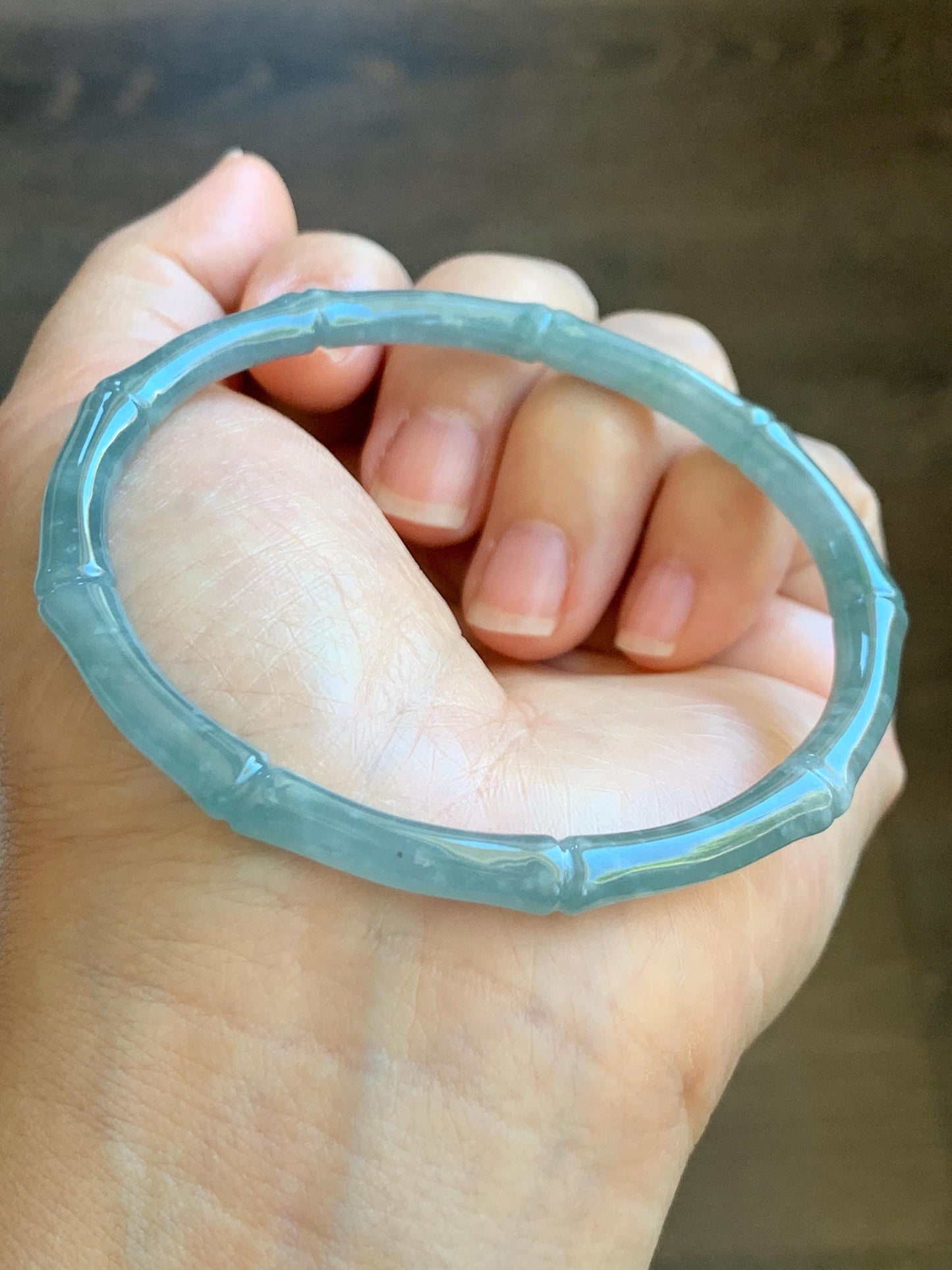 Certified Natural Guatemalan Icy Translucent Gelatinous Pastel Blue Jade Jadeite Carved Bamboo Bangle 62.7mm 7.75” 16.7g 天然冰危淡篮翡翠竹节细手镯 8804