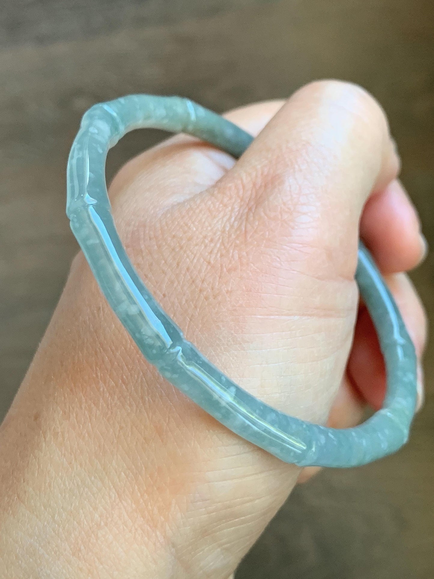 Certified Natural Grade A Guatemalan Icy Translucent Pastel Blue Jade Jadeite Carved Slim Bamboo Bangle 62.7mm 7.75” 17.9g 天然危浅篮翡翠竹节手镯 8797