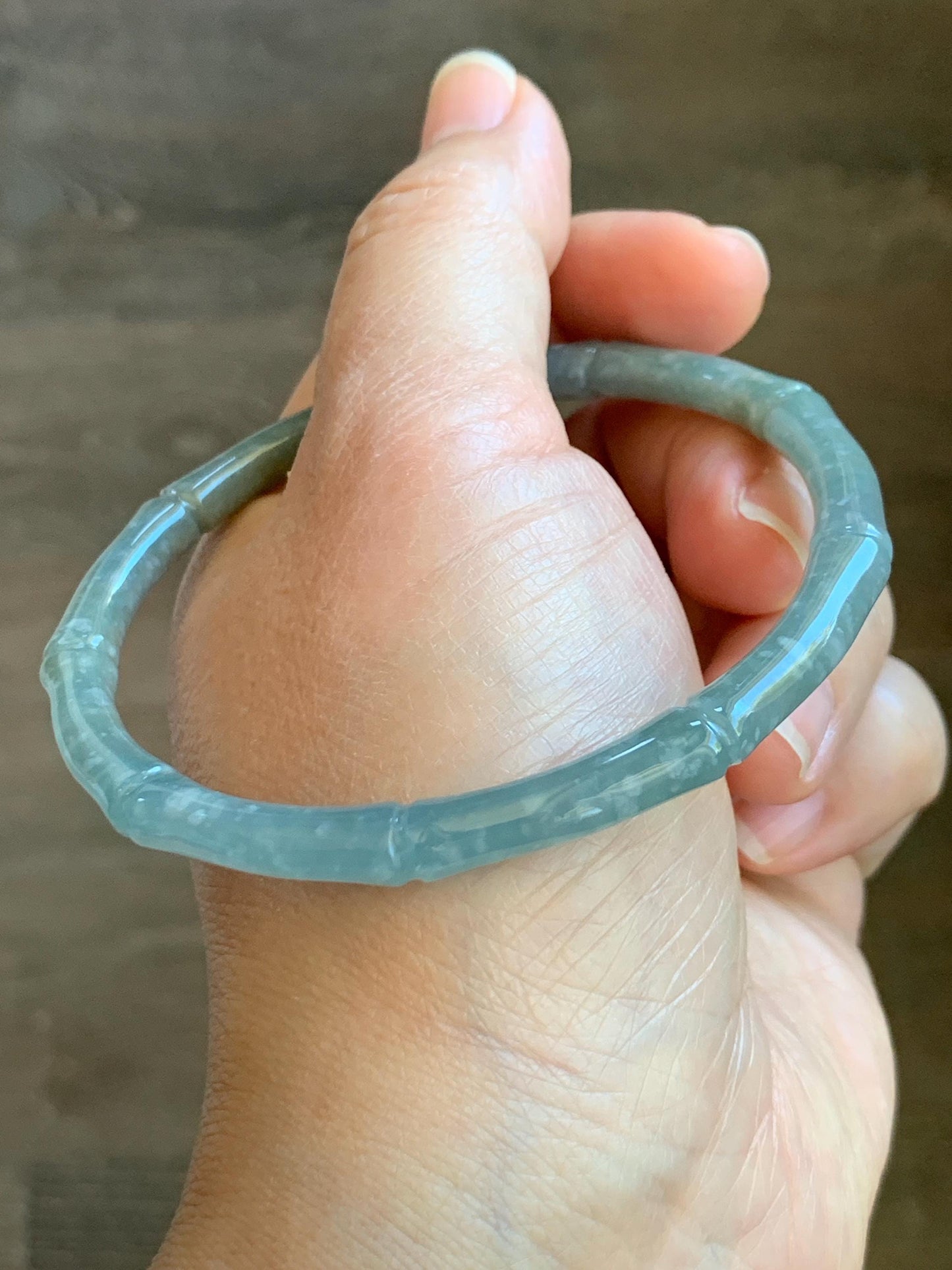 Certified Natural Grade A Guatemalan Icy Translucent Pastel Blue Jade Jadeite Carved Slim Bamboo Bangle 62.7mm 7.75” 17.9g 天然危浅篮翡翠竹节手镯 8797