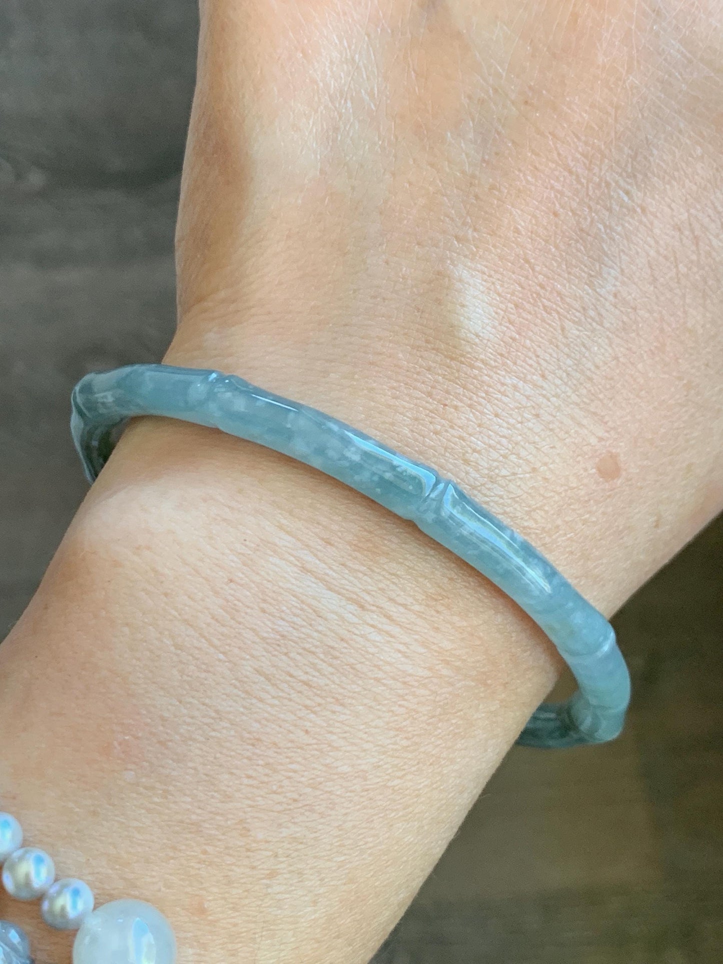 Certified Natural Grade A Guatemalan Icy Translucent Pastel Blue Jade Jadeite Carved Slim Bamboo Bangle 62.7mm 7.75” 17.9g 天然危浅篮翡翠竹节手镯 8797