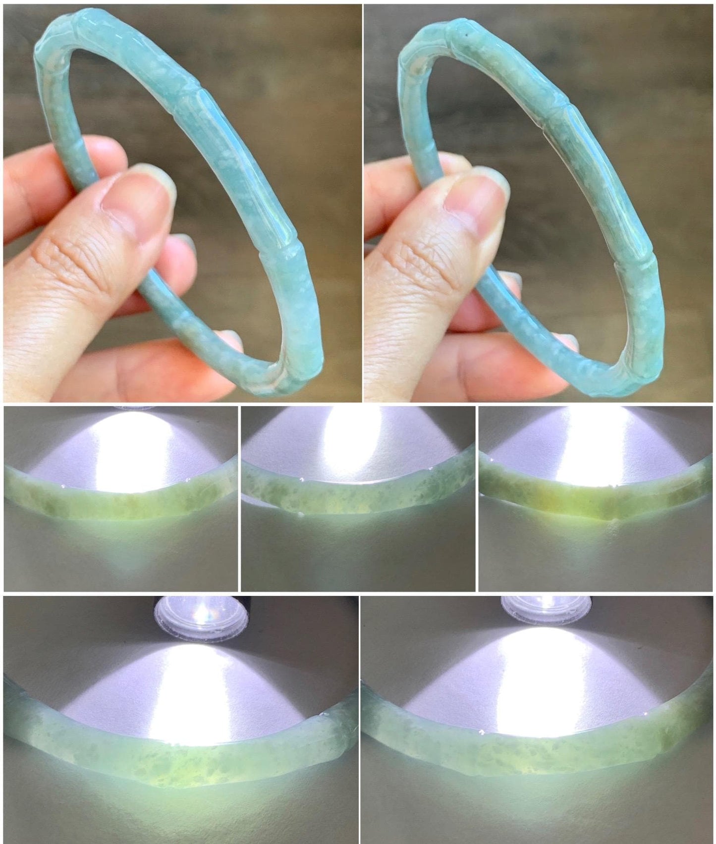 Certified Natural Grade A Guatemalan Icy Translucent Pastel Blue Jade Jadeite Carved Slim Bamboo Bangle 62.54mm 7.7” 19.34g 天然危浅篮翡翠竹节手镯 8798