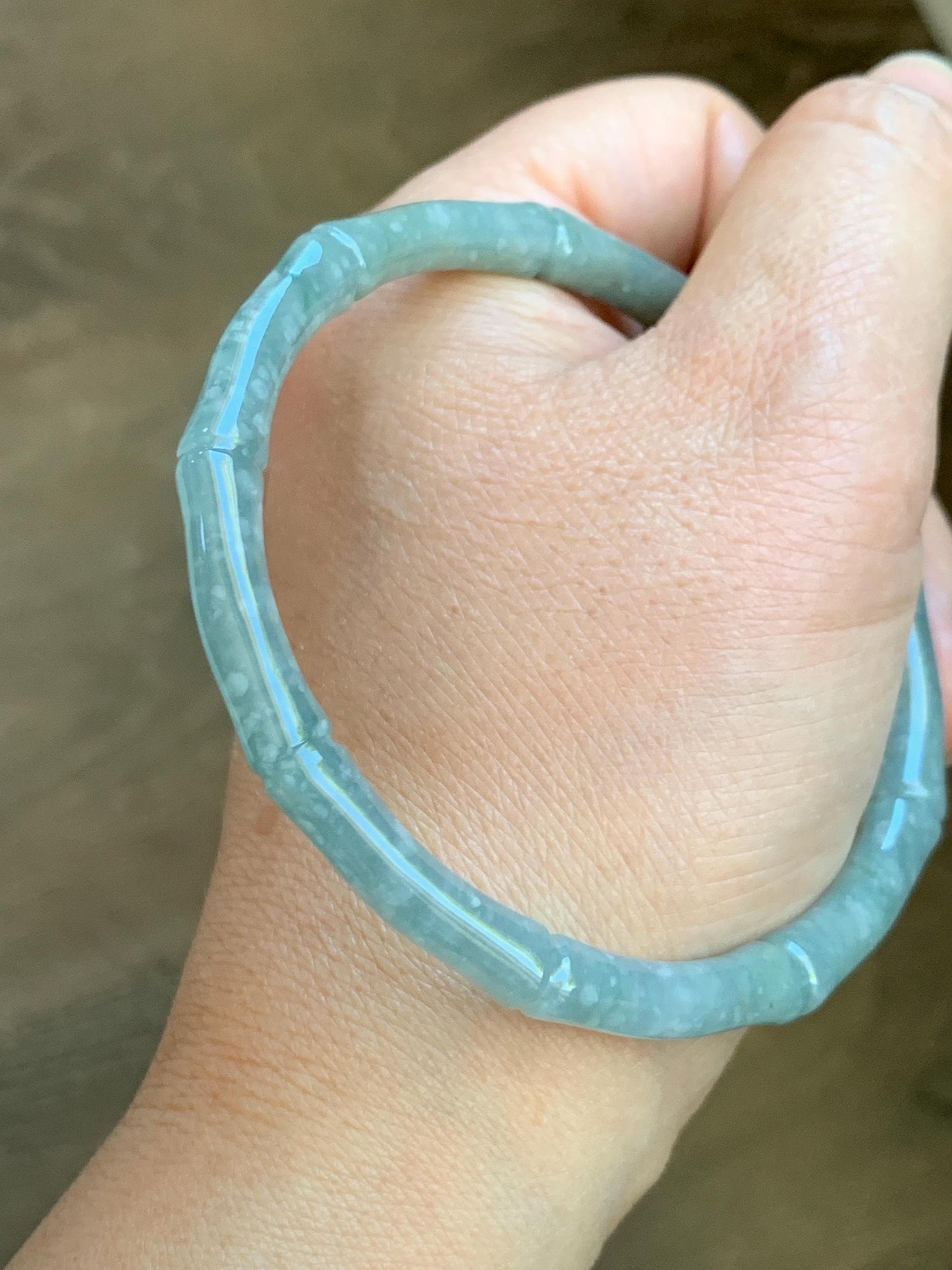 Certified Natural Grade A Guatemalan Icy Translucent Pastel Blue Jade Jadeite Carved Slim Bamboo Bangle 62.54mm 7.7” 19.34g 天然危浅篮翡翠竹节手镯 8798
