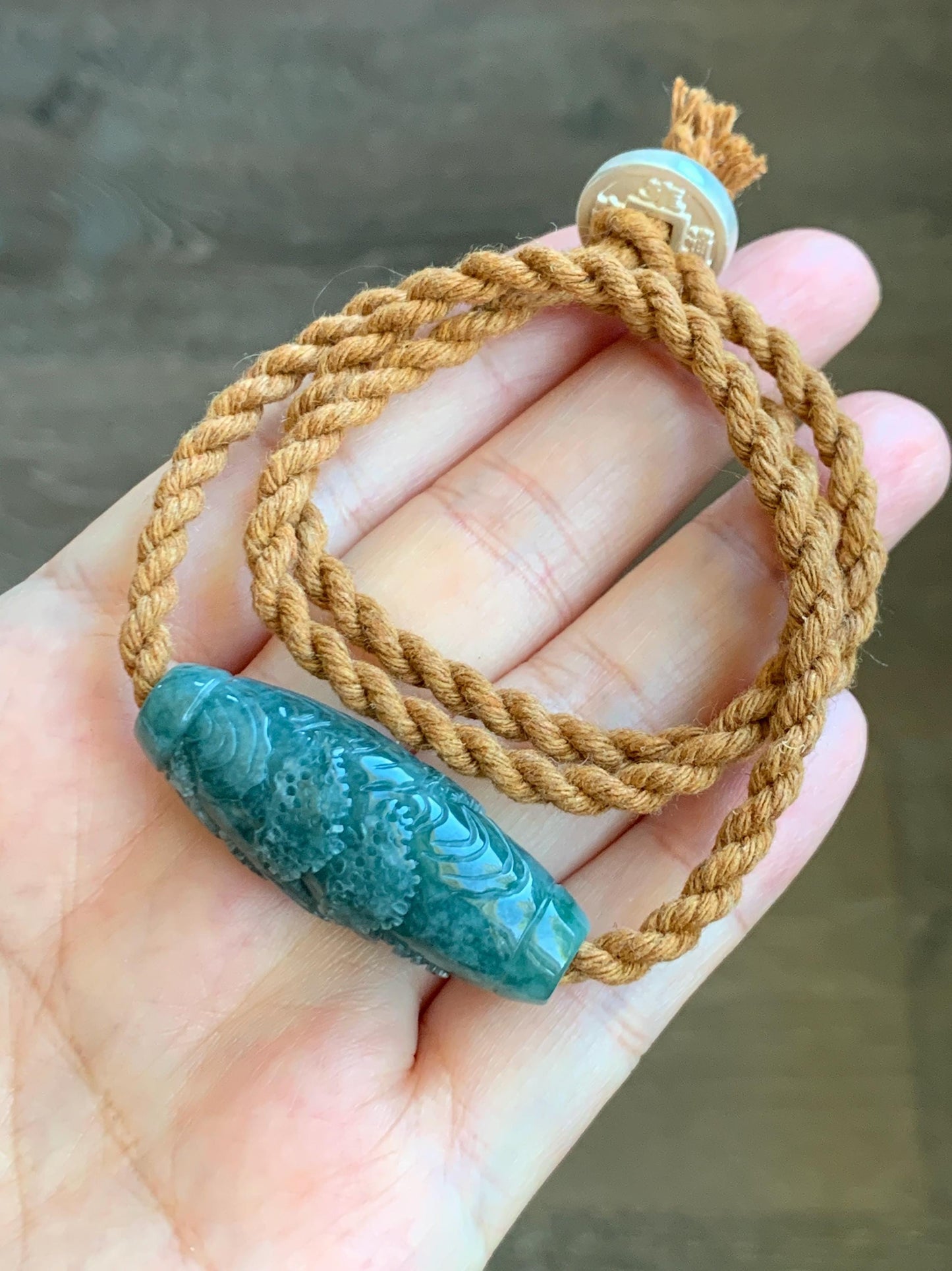 Natural Grade A Guatemalan Icy Translucent Dark Teal Jade Jadeite Engraved Shan Shui Barrel Bead Rope Necklace 19” 天然冰危蓝绿翡翠山水桶珠吊坠 SSHZ-A