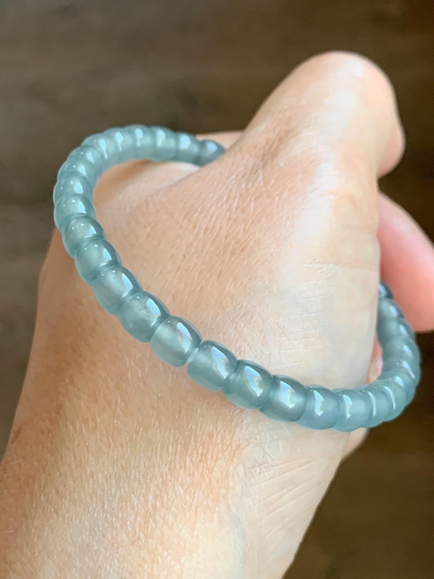 Natural Grade A Guatemalan Icy Highly Translucent Gelatinous Light Blue Jade Jadeite Barrel Beads Beaded Bracelet 7” 天然冰胶危浅蓝翡翠桶珠手串 BWT330C