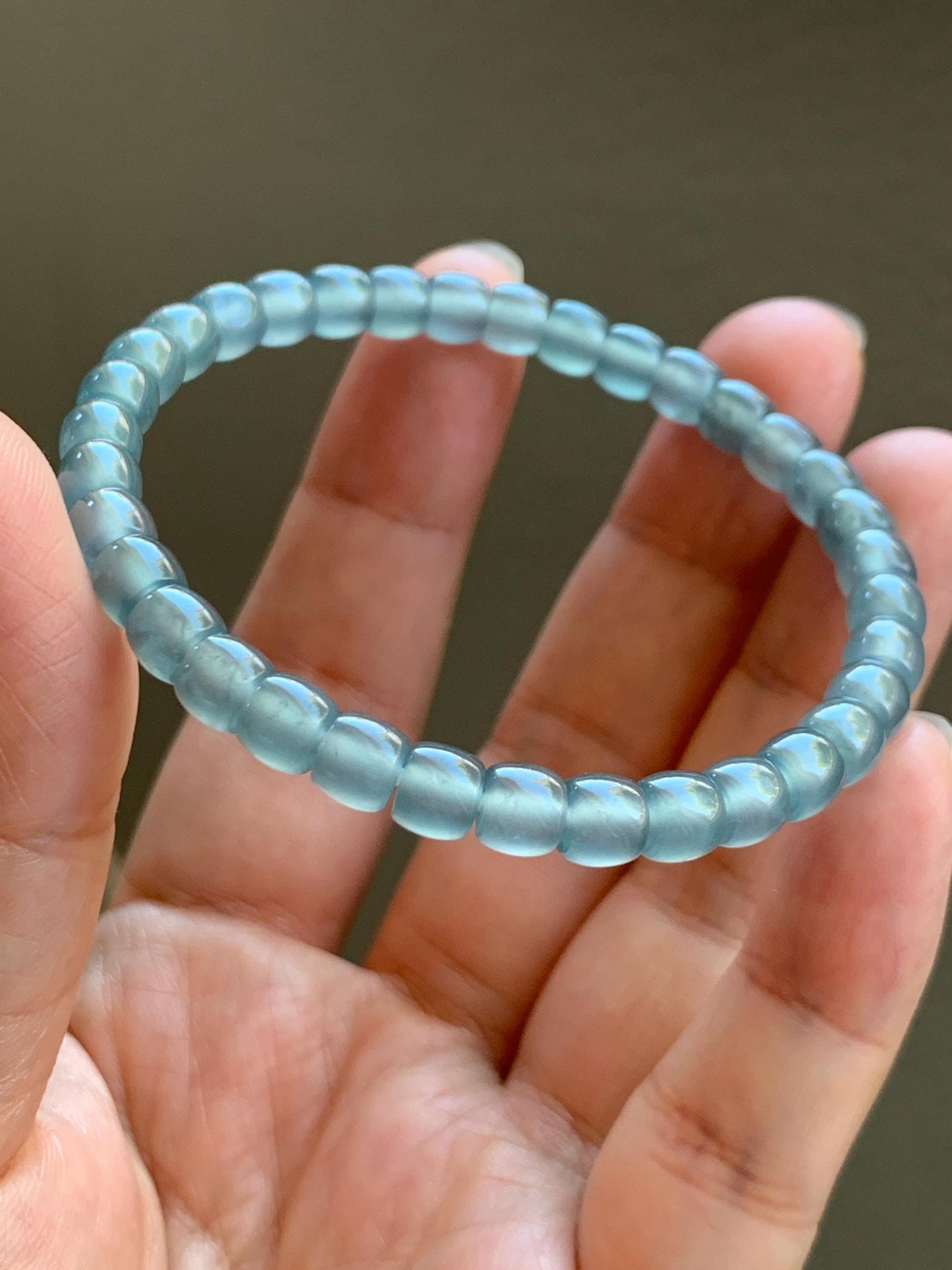 Natural Grade A Guatemalan Icy Highly Translucent Gelatinous Light Blue Jade Jadeite Barrel Beads Beaded Bracelet 7” 天然冰胶危浅蓝翡翠桶珠手串 BWT330C