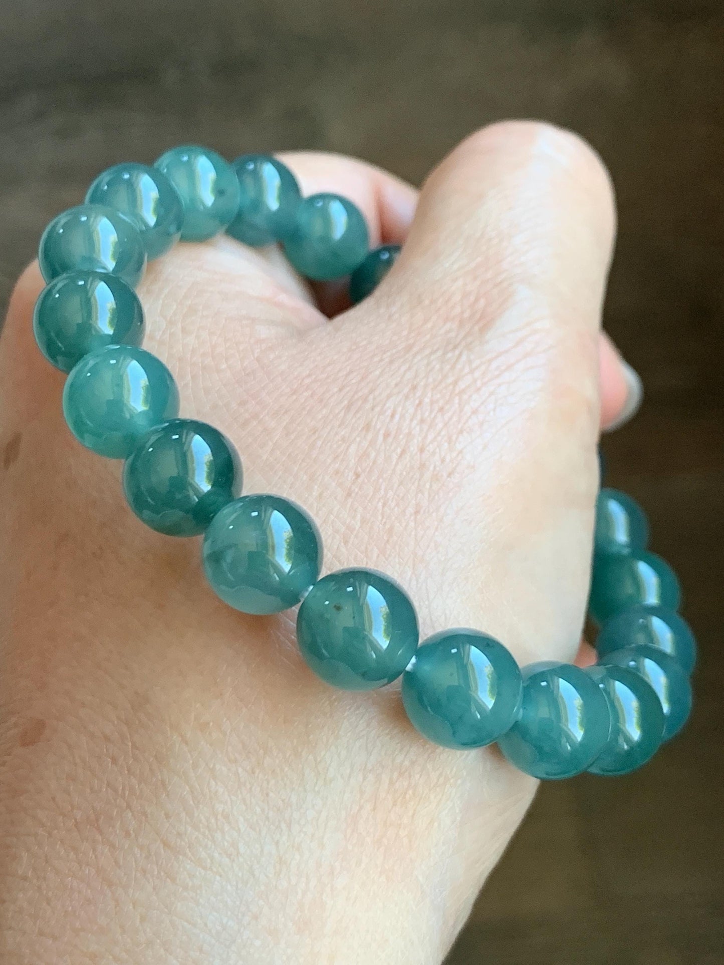 Natural Grade A Guatemalan Icy Highly Translucent Gelatinous Teal Green Jade Jadeite Beaded Bracelet 10mm 8” 36g 天然冰危蓝绿翡翠圆珠手串 WXL330