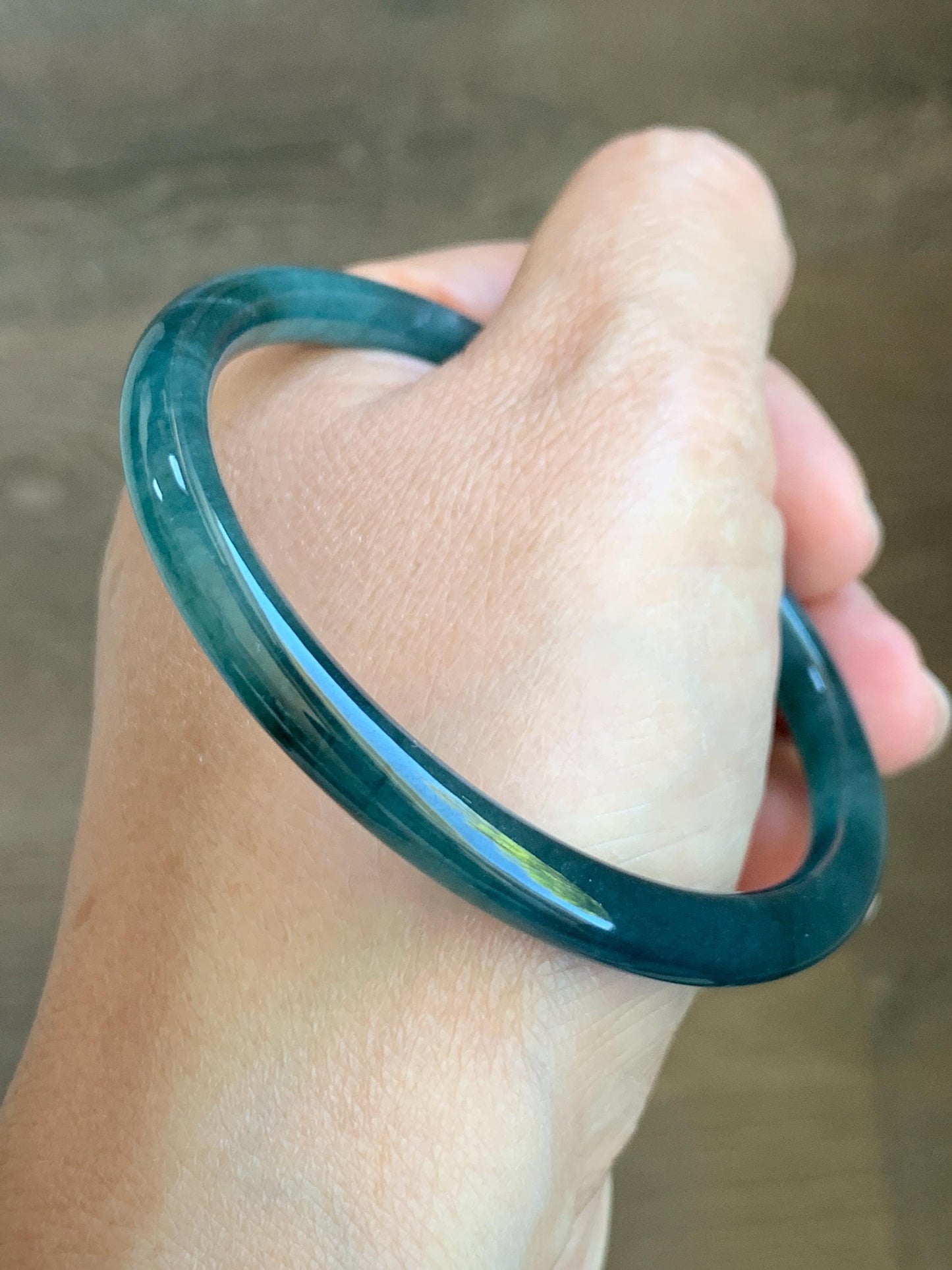 Certified Natural Grade A Guatemalan Icy Translucent Dark Teal Blue Jade Jadeite Slim Bangle 57.58mm 7.11” 天然冰胶危深蓝翡翠细圆条手镯 8774
