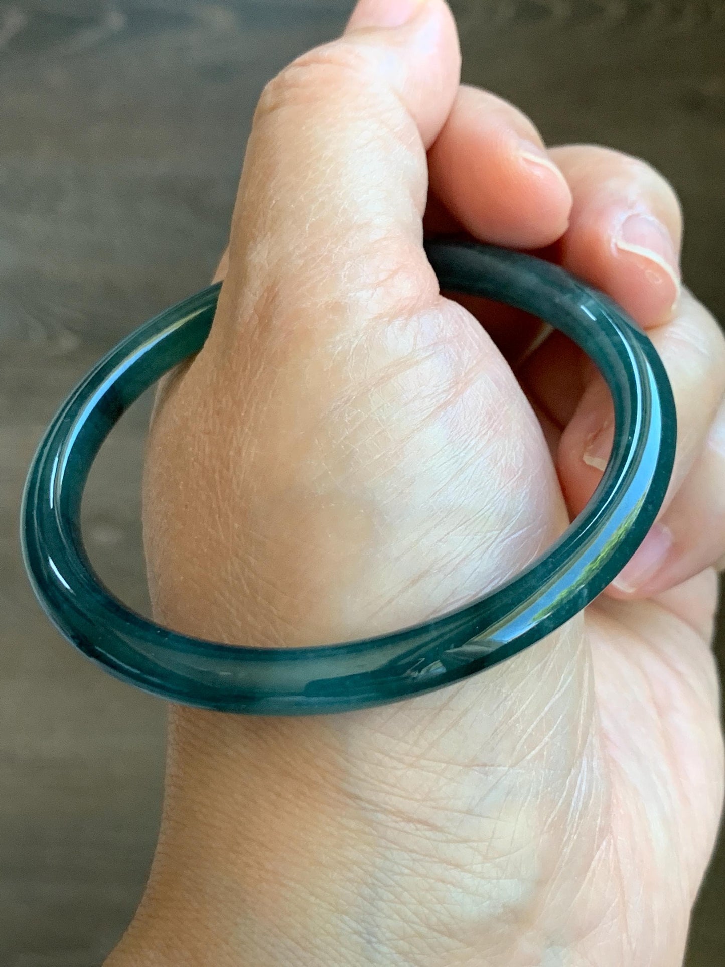 Certified Natural Grade A Guatemalan Icy Translucent Dark Teal Blue Jade Jadeite Slim Bangle 57.58mm 7.11” 天然冰胶危深蓝翡翠细圆条手镯 8774