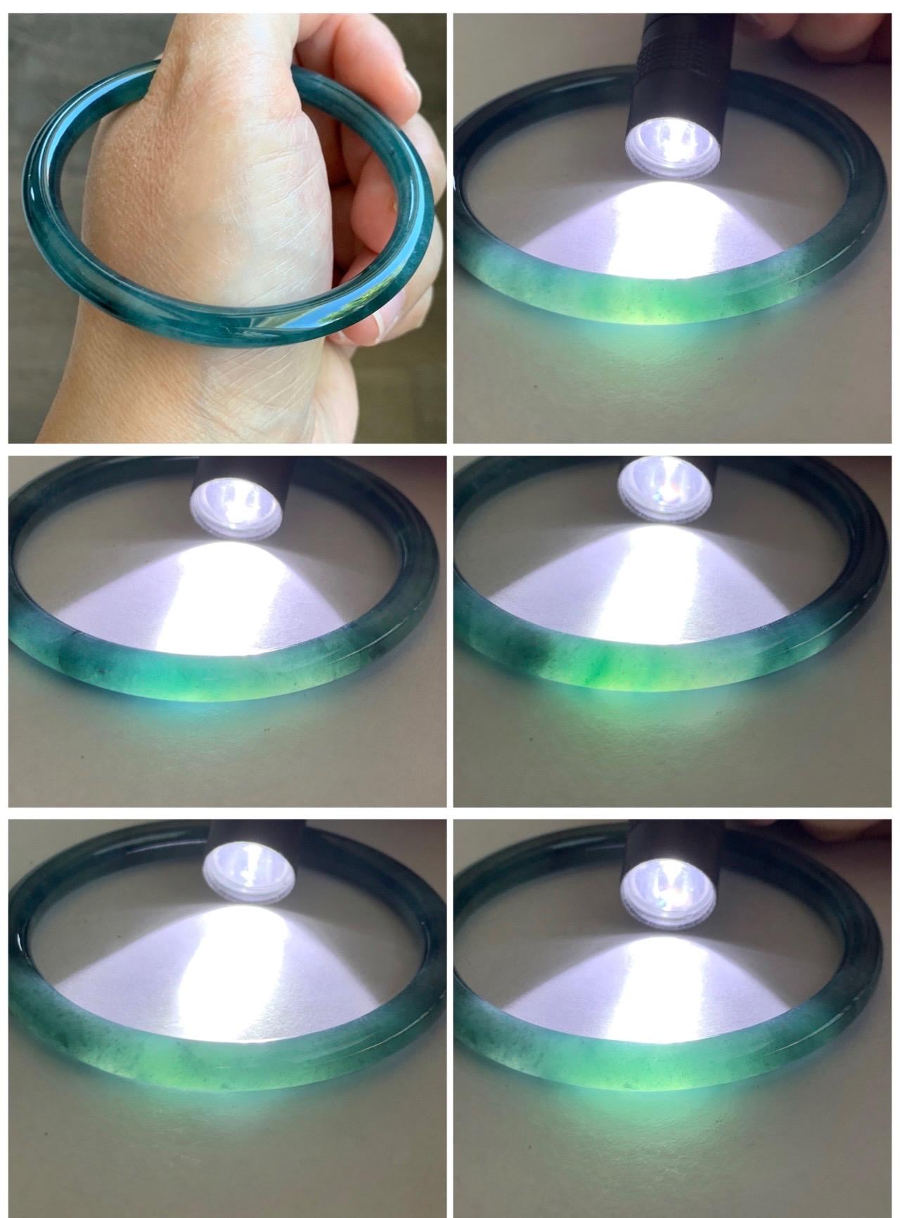 Certified Natural Grade A Guatemalan Icy Translucent Dark Teal Blue Jade Jadeite Slim Bangle 57.58mm 7.11” 天然冰胶危深蓝翡翠细圆条手镯 8774