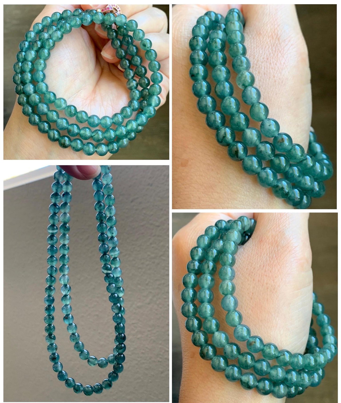 Certified Grade A Natural Guatemalan Icy Highly Translucent Teal Green Marbled Jade Jadeite Beaded Necklace 6.5mm 23.5” 天然高冰危蓝绿飘花翡翠圆珠项链 8752