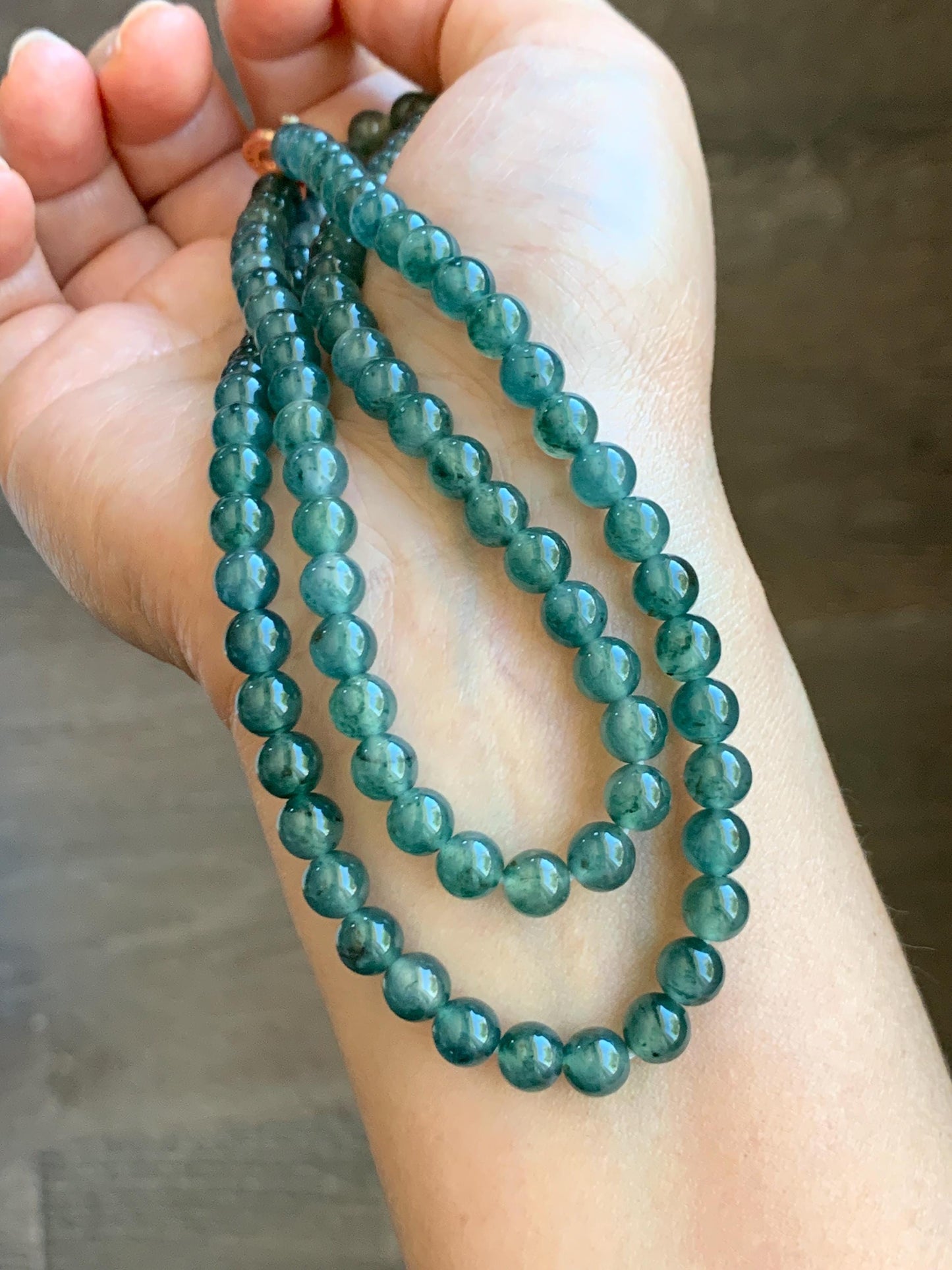 Certified Grade A Natural Guatemalan Icy Highly Translucent Teal Green Marbled Jade Jadeite Beaded Necklace 6.5mm 23.5” 天然高冰危蓝绿飘花翡翠圆珠项链 8752