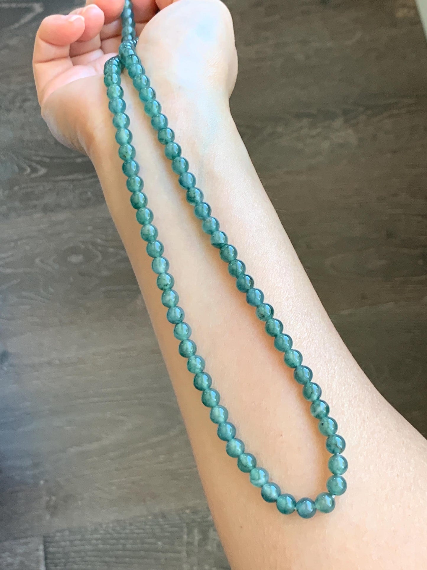 Certified Grade A Natural Guatemalan Icy Highly Translucent Teal Green Marbled Jade Jadeite Beaded Necklace 6.5mm 23.5” 天然高冰危蓝绿飘花翡翠圆珠项链 8752