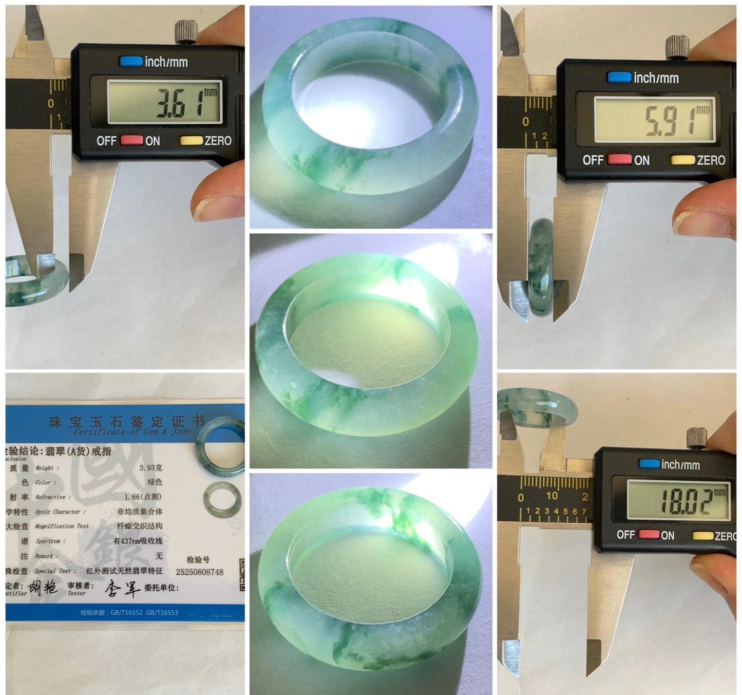 Certified Natural Grade A Premium Jade Jadeite Icy Highly Translucent Gelatinous Green Marbled Band Ring Size 7.75 US 天然冰起光飘花翡翠戒圈 8748