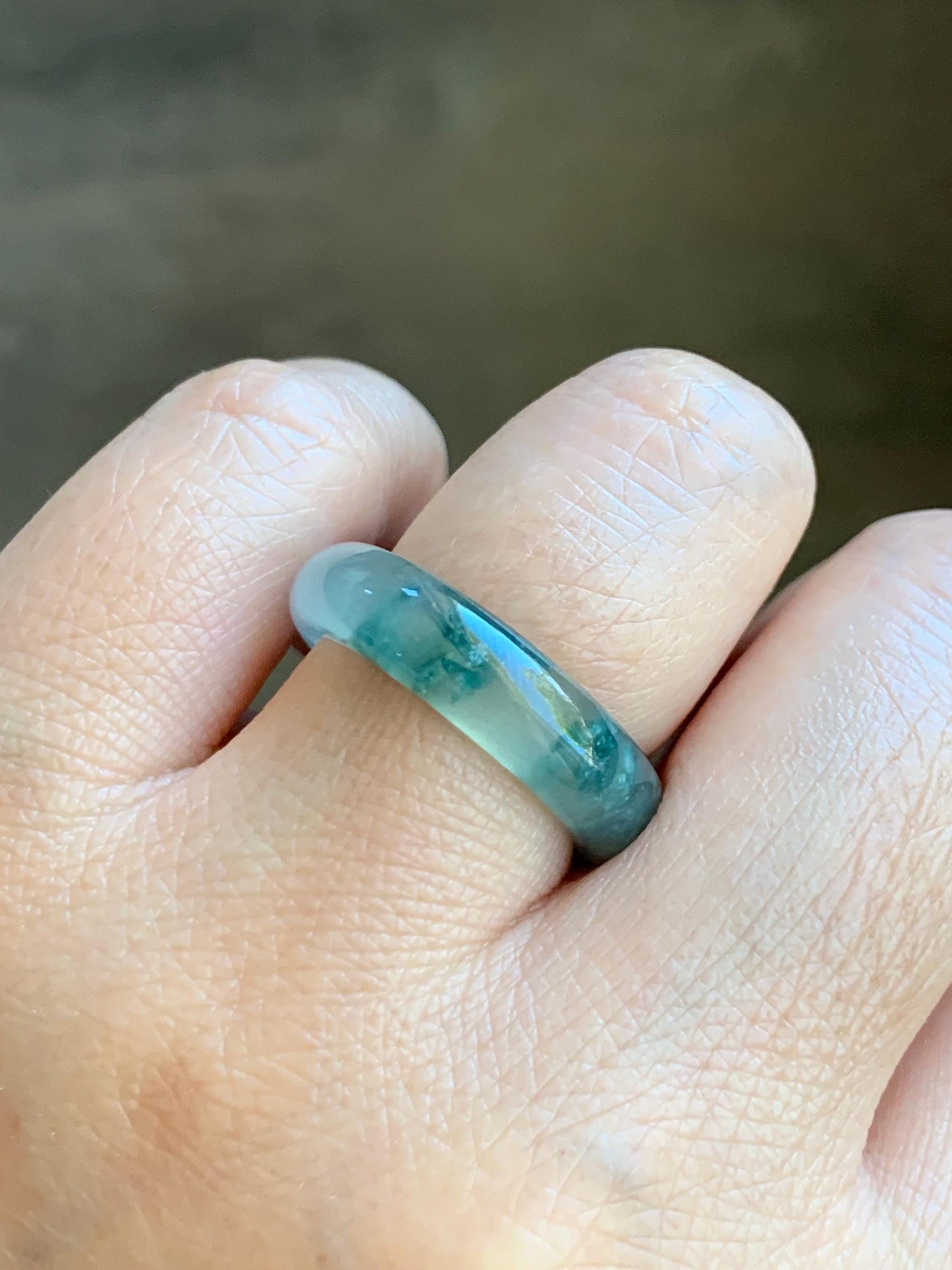 Certified Natural Grade A Premium Jade Jadeite Icy Highly Translucent Gelatinous Green Marbled Band Ring Size 7.75 US 天然冰起光飘花翡翠戒圈 8748