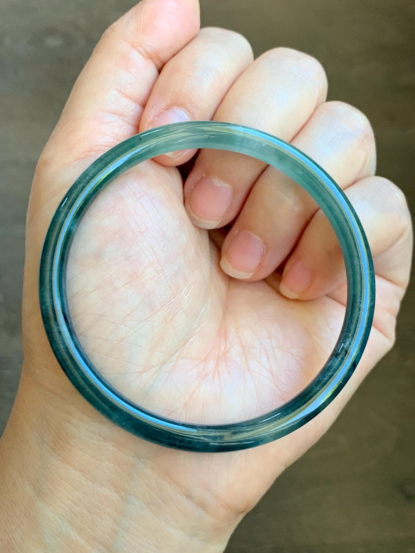Certified Natural Grade A Guatemalan Icy Translucent Light Green Dark Blue Bicolored Jade Jadeite Bangle 58.7mm 7.25” 天然冰胶危深绿牛仔蓝翡翠细圆条手镯 8792