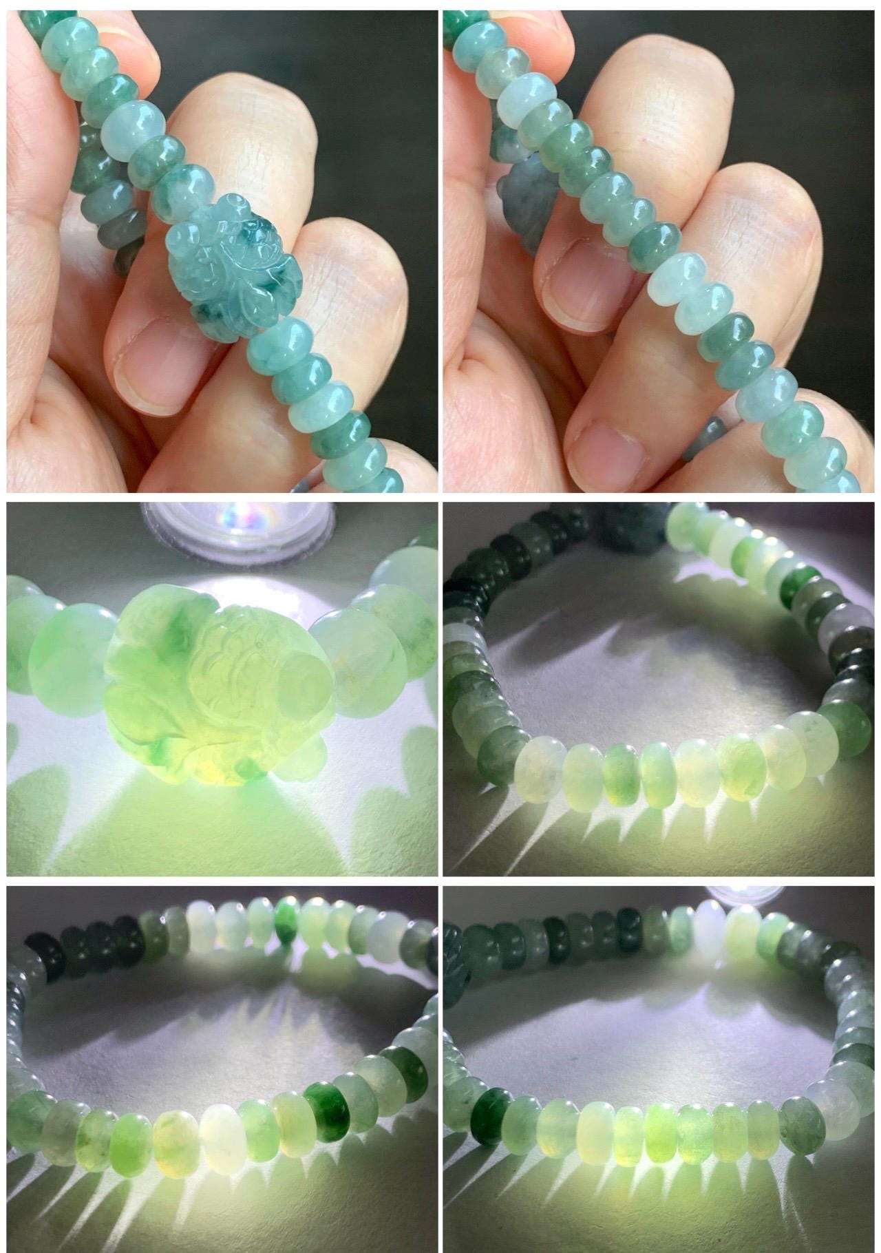 Natural Grade A Icy Translucent Multi-Shaded Light Green Jade Jadeite Drum Beads Goldfish Charm Beaded Bracelet 7" 天然冰胶浅绿多宝翡翠鼓珠金鱼手串 DBY291
