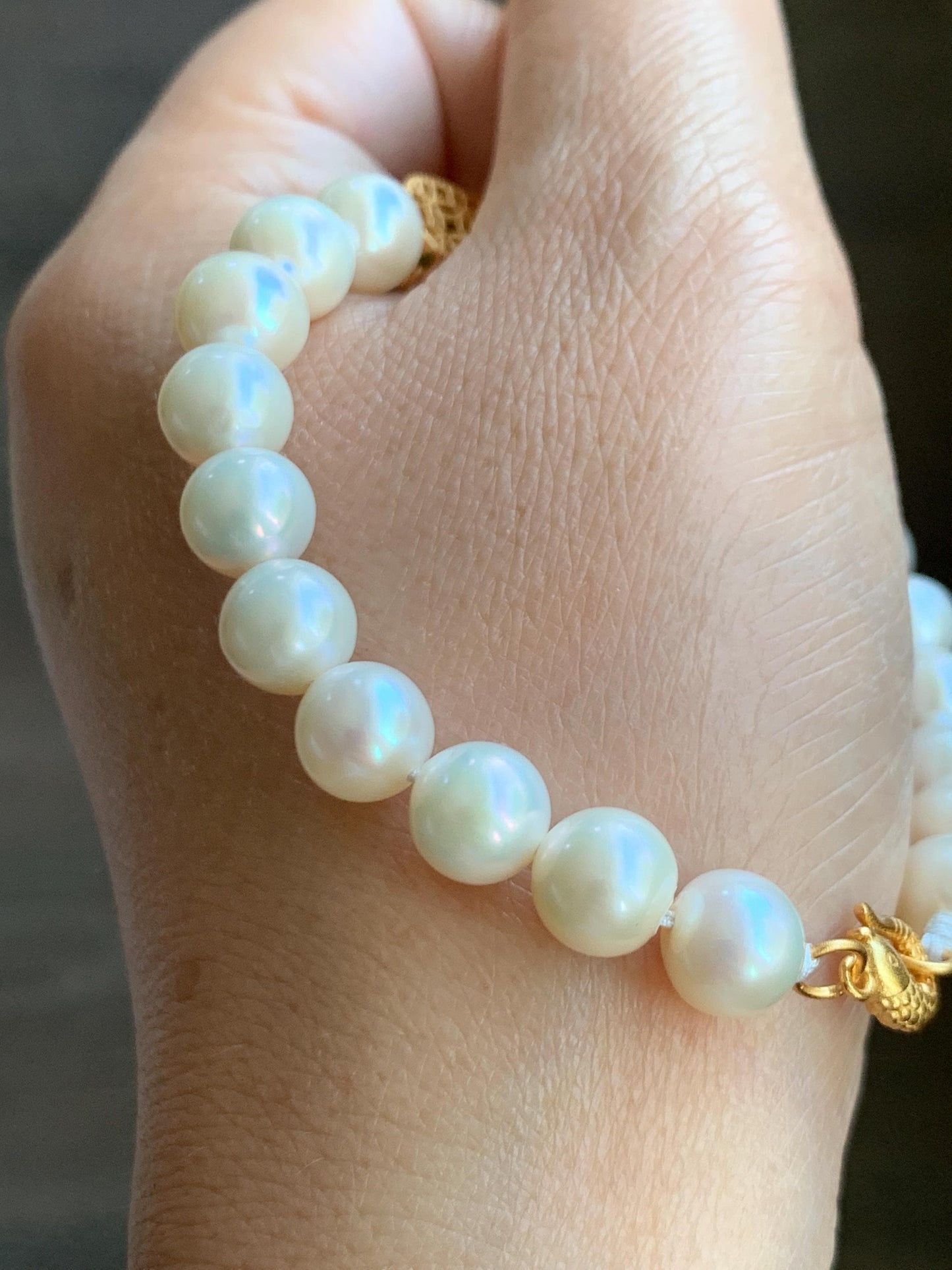 Natural Freshwater All-Nacre Pearls Grade A Icy Translucent Olive Green Jadeite Beaded Bracelet Sterling Silver 7" 天然淡水无核珍珠冰茶黄翡翠手串 WHZ679