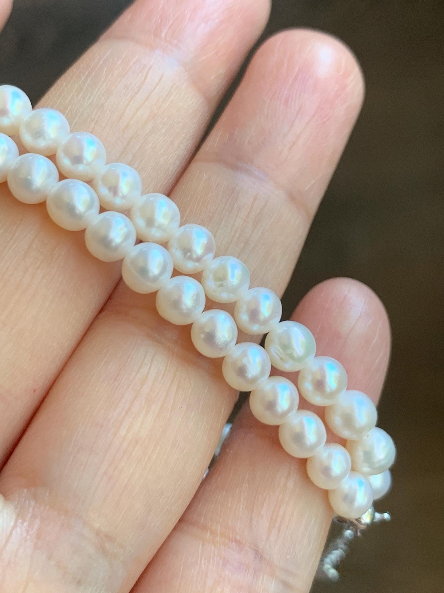 Natural Freshwater All-Nacre White Round Mini Pearls Beaded Necklace Sterling Silver Clasp 5mm 16.25”-17.75” 14g 天然淡水无核小米白珍珠项链 XMB280A