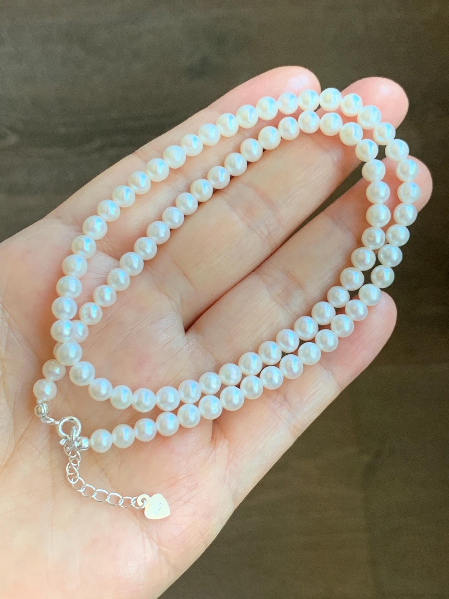 Natural Freshwater All-Nacre White Round Mini Pearls Beaded Necklace Sterling Silver Clasp 5mm 16.25”-17.75” 14g 天然淡水无核小米白珍珠项链 XMB280A