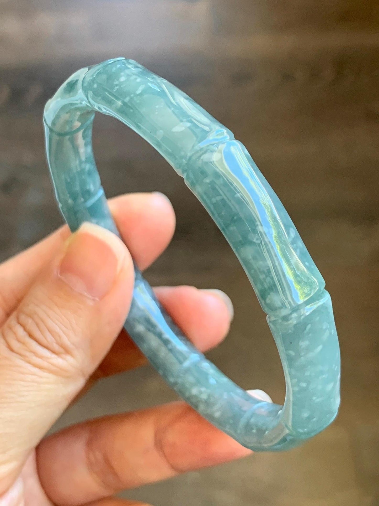 Certified Natural Grade A Guatemalan Icy Translucent Dusty Teal Blue Jade Jadeite Carved Bamboo Bangle 61.89mm 7.65” 37.7g 天然危篮翡翠竹节手镯 8805