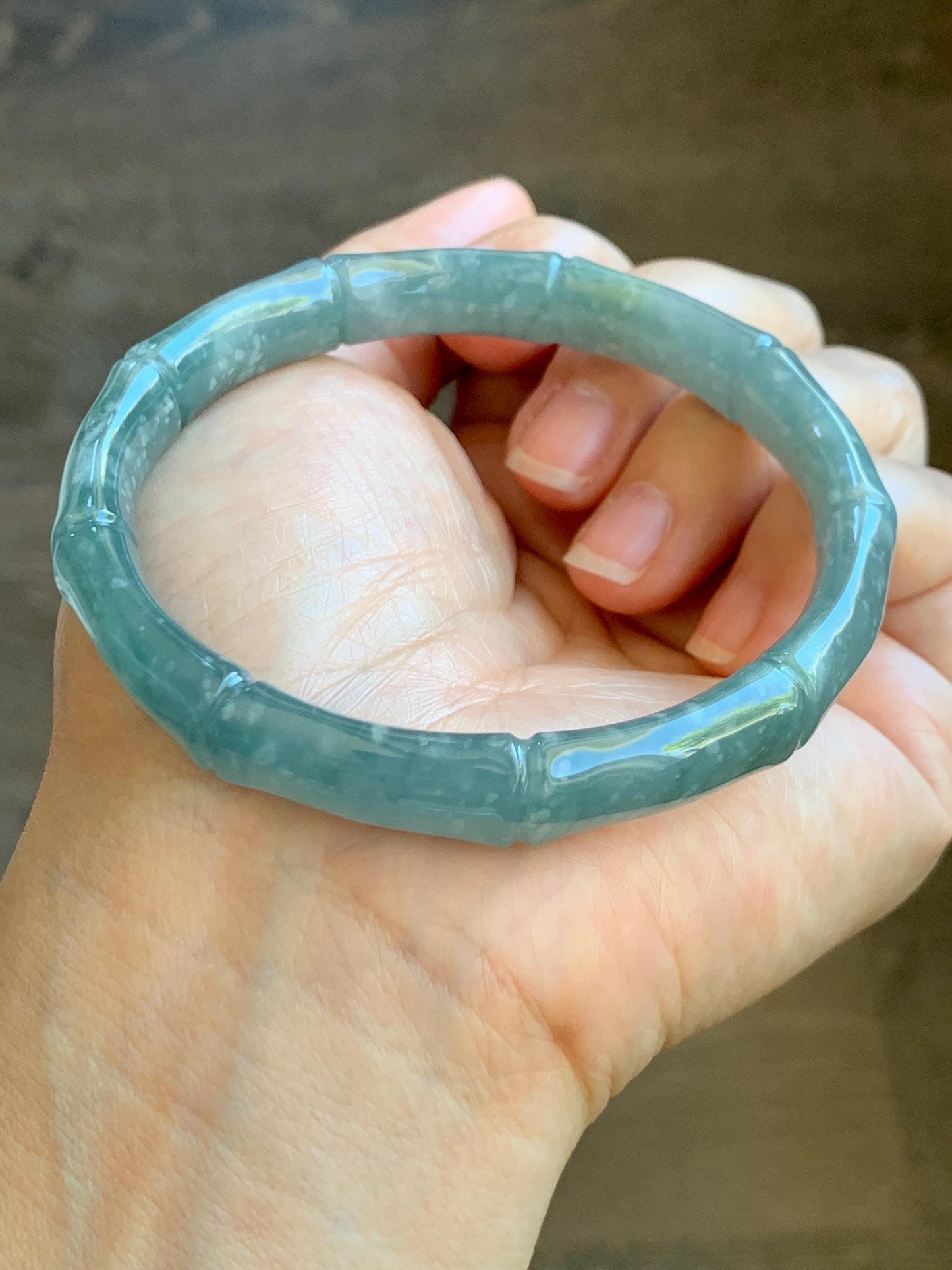 Certified Natural Grade A Guatemalan Icy Translucent Dusty Teal Blue Jade Jadeite Carved Bamboo Bangle 61.89mm 7.65” 37.7g 天然危篮翡翠竹节手镯 8805