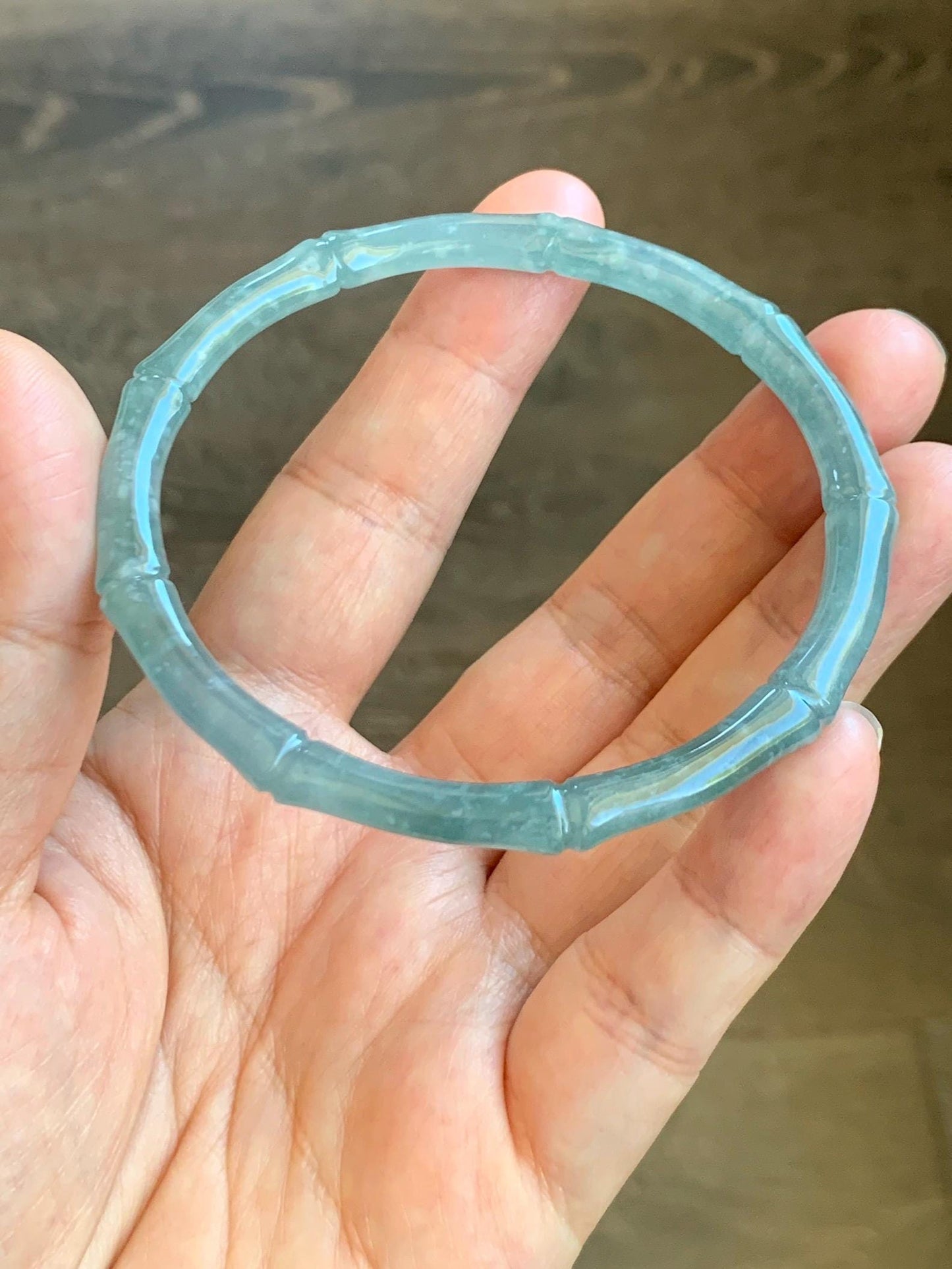 Certified Natural Grade A Guatemalan Icy Translucent Light Blue Jade Jadeite Carved Slim Bamboo Bangle 62.1mm 7.68” 17.87g 天然危浅篮翡翠竹节手镯 8796