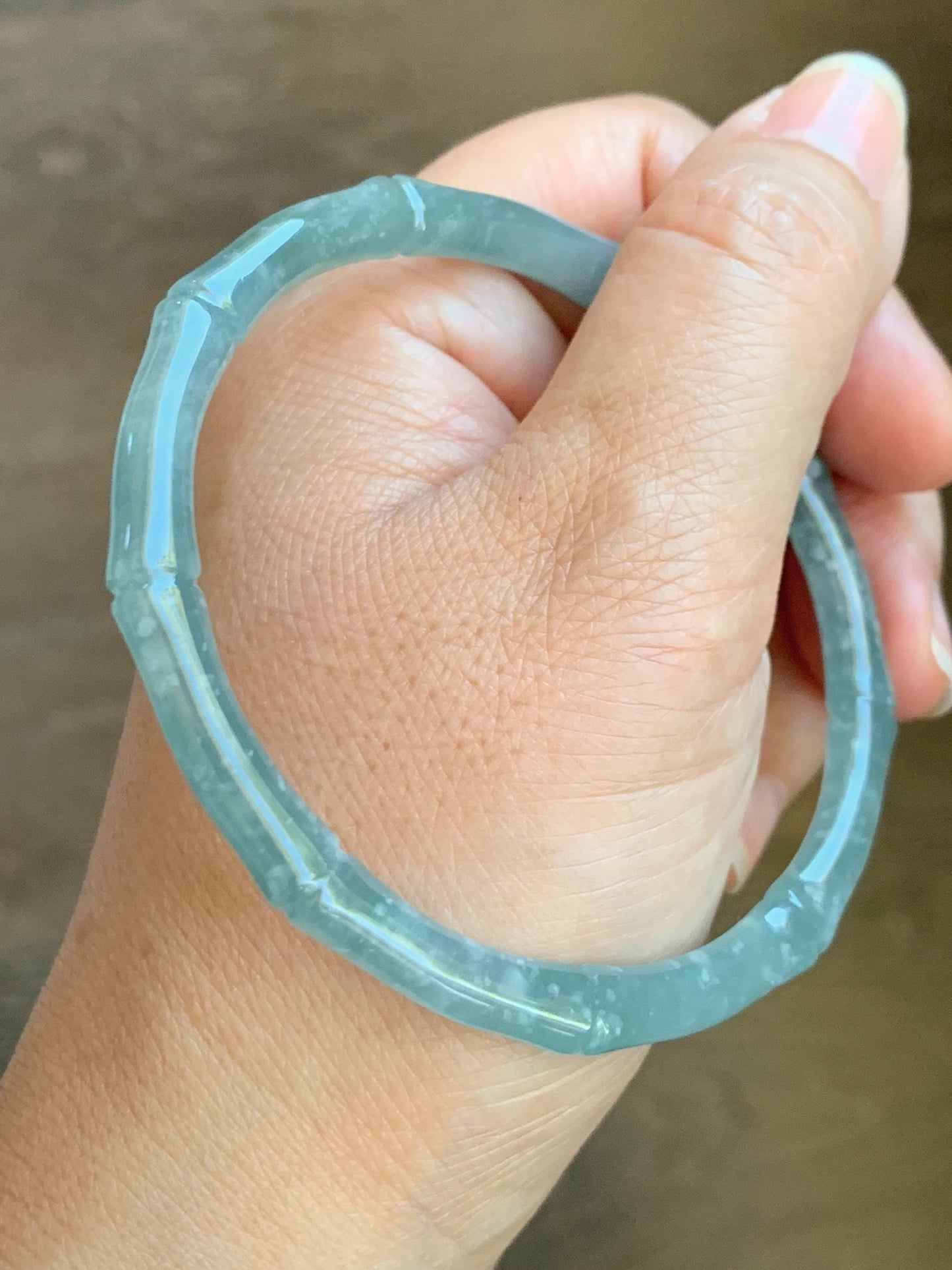 Certified Natural Grade A Guatemalan Icy Translucent Light Blue Jade Jadeite Carved Slim Bamboo Bangle 62.1mm 7.68” 17.87g 天然危浅篮翡翠竹节手镯 8796