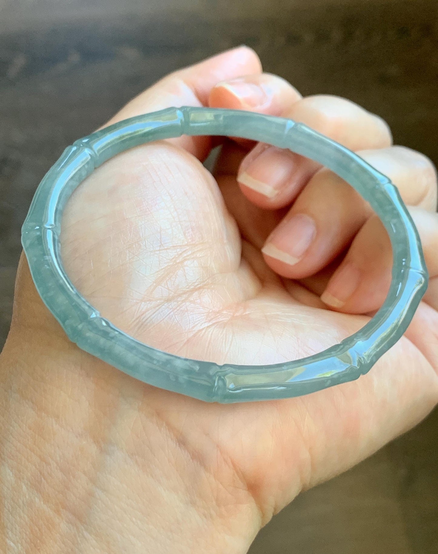 Certified Natural Grade A Guatemalan Icy Translucent Light Blue Jade Jadeite Carved Slim Bamboo Bangle 62.1mm 7.68” 17.87g 天然危浅篮翡翠竹节手镯 8796