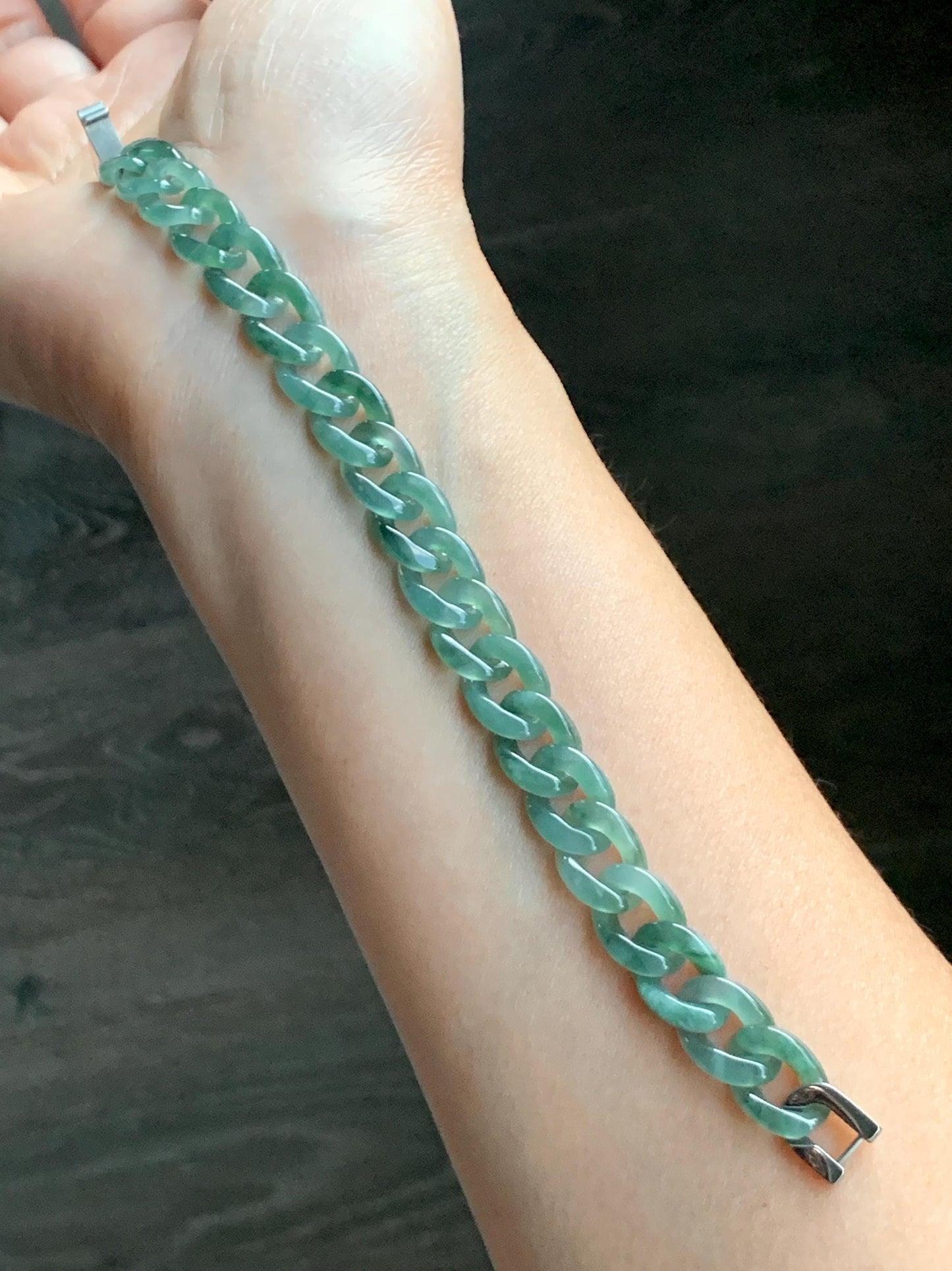 Natural Grade A Guatemalan Icy Translucent Light Green Jade Jadeite Carved Curb Chain Bracelet Stainless Steel 7” 12g 天然冰胶危浅绿翡翠链手链 CBW108