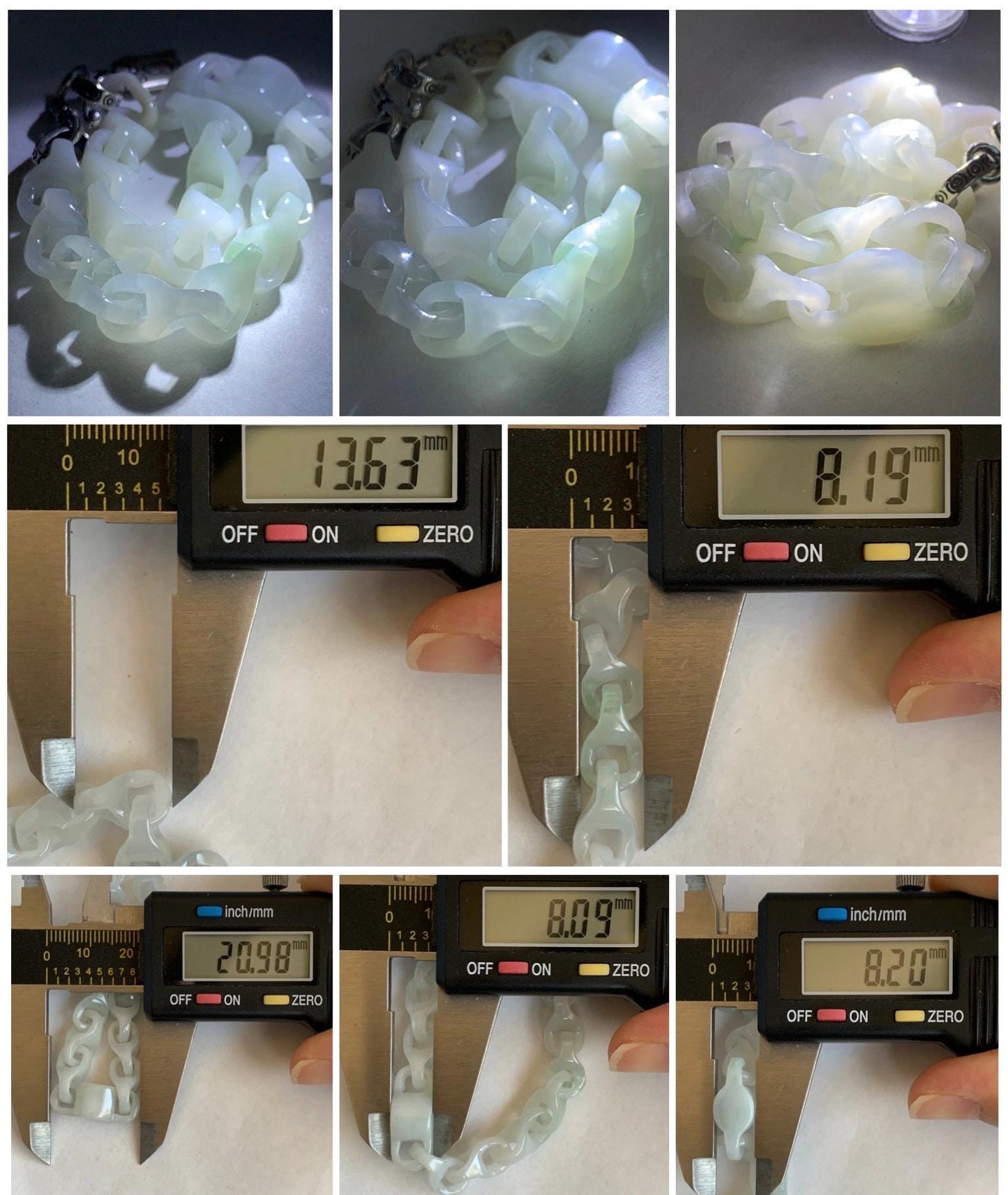Natural Grade A Icy Translucent White Jade Jadeite Carved Interlockkng Dragon Bone Chain Bracelet Sterling Silver 8.5” 天然白冰翡翠龙骨链环环相扣手链 BFG