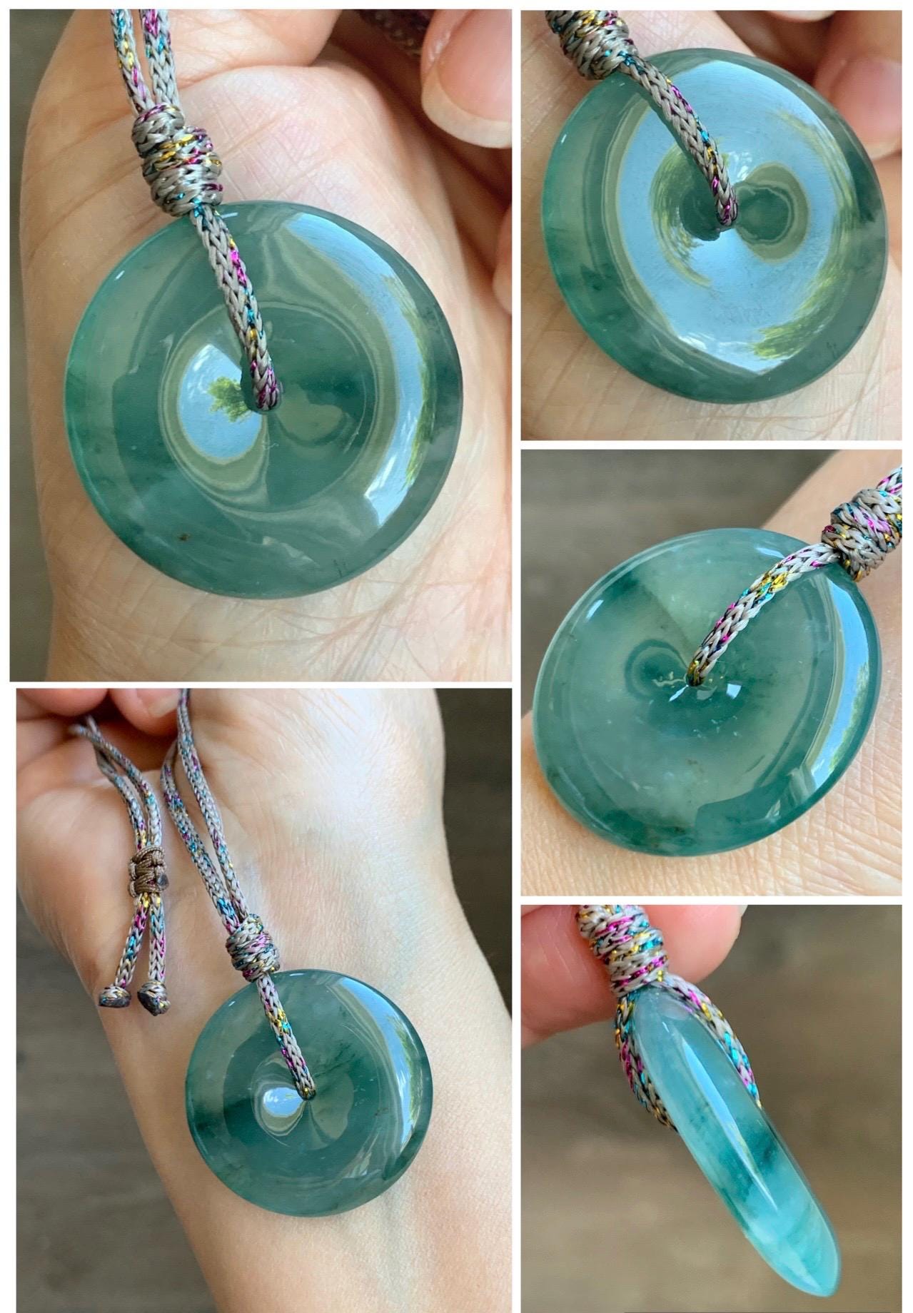 Certified Natural Grade A Guatemalan Icy Translucent Teal Green Jade Jadeite Ping An Kou Donut Pendant Rope Necklace 天然冰胶危飘花翡翠平安扣吊坠 8744