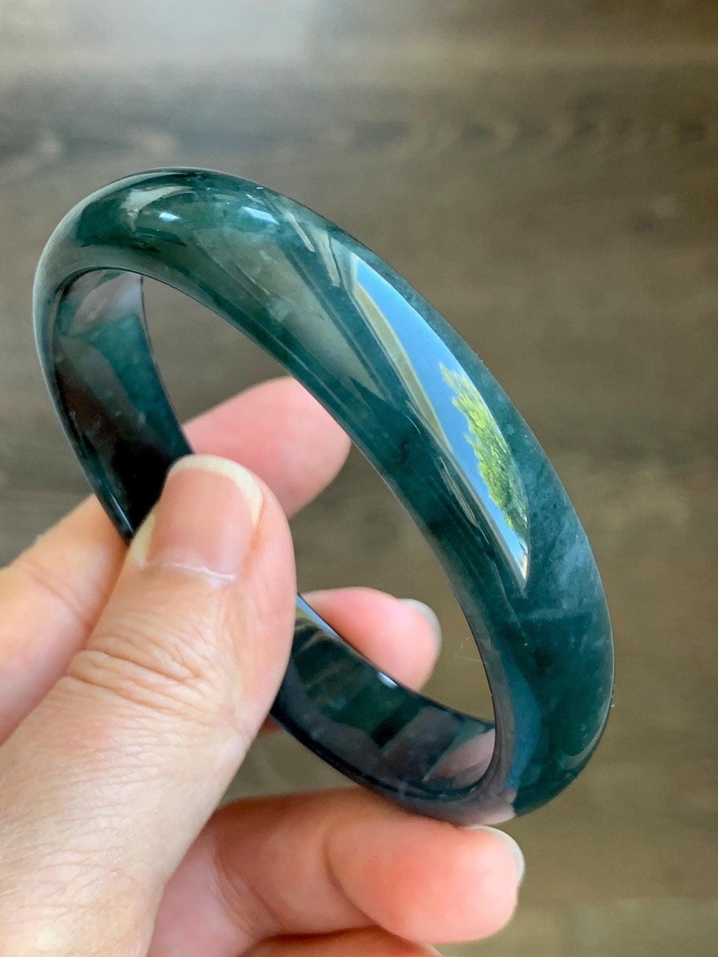 Certified Natural Grade A Guatemalan Icy Translucent Gelatinous Dark Teal Blue Jade Jadeite Wide Bangle 59.5mm 7.35" 天然老种冰胶危蓝绿翡翠正圈手镯 8779