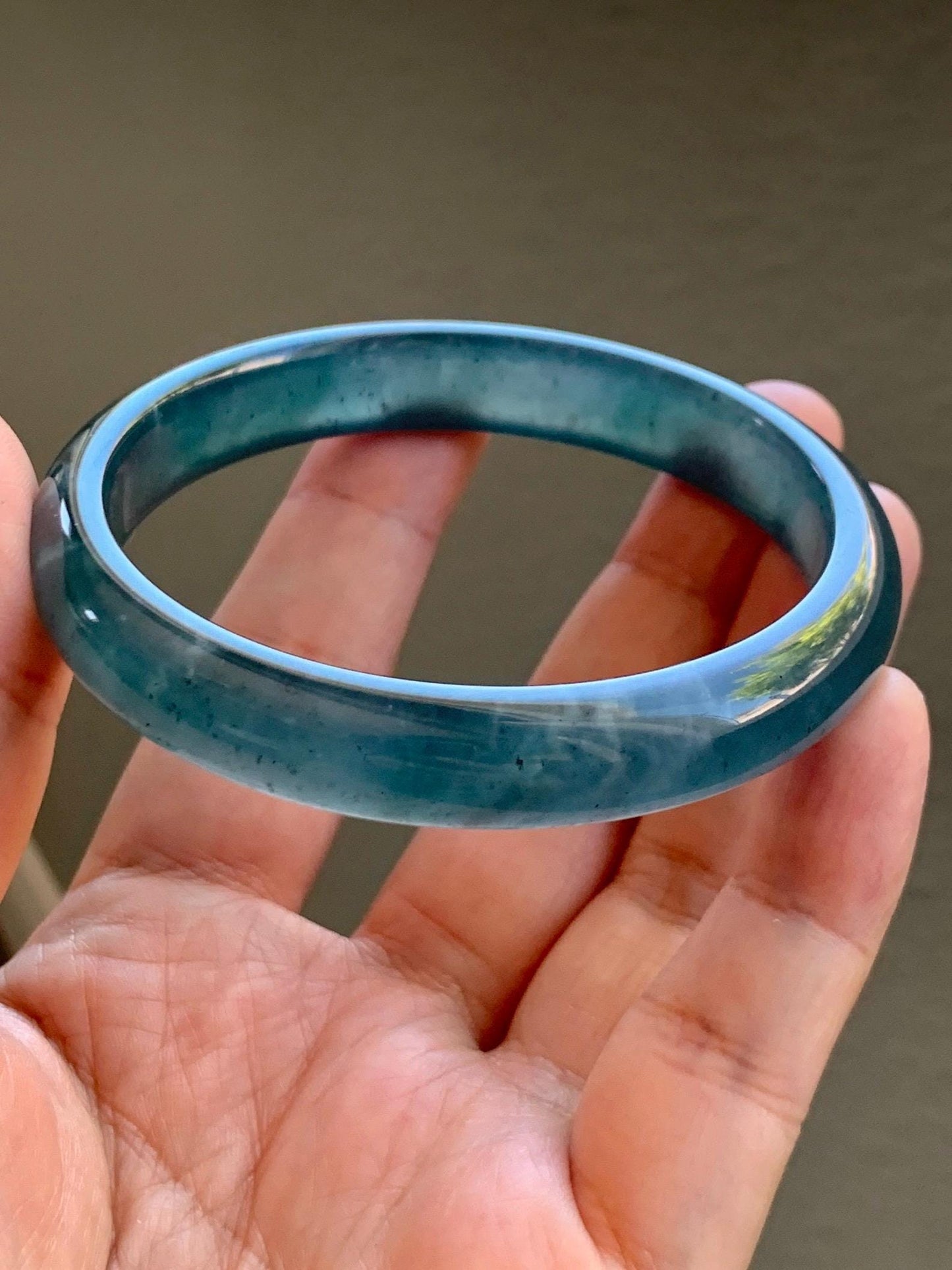 Certified Natural Grade A Guatemalan Icy Translucent Gelatinous Dark Teal Blue Jade Jadeite Wide Bangle 58.6mm 7.25" 天然老种冰胶危蓝绿翡翠正圈手镯 8775