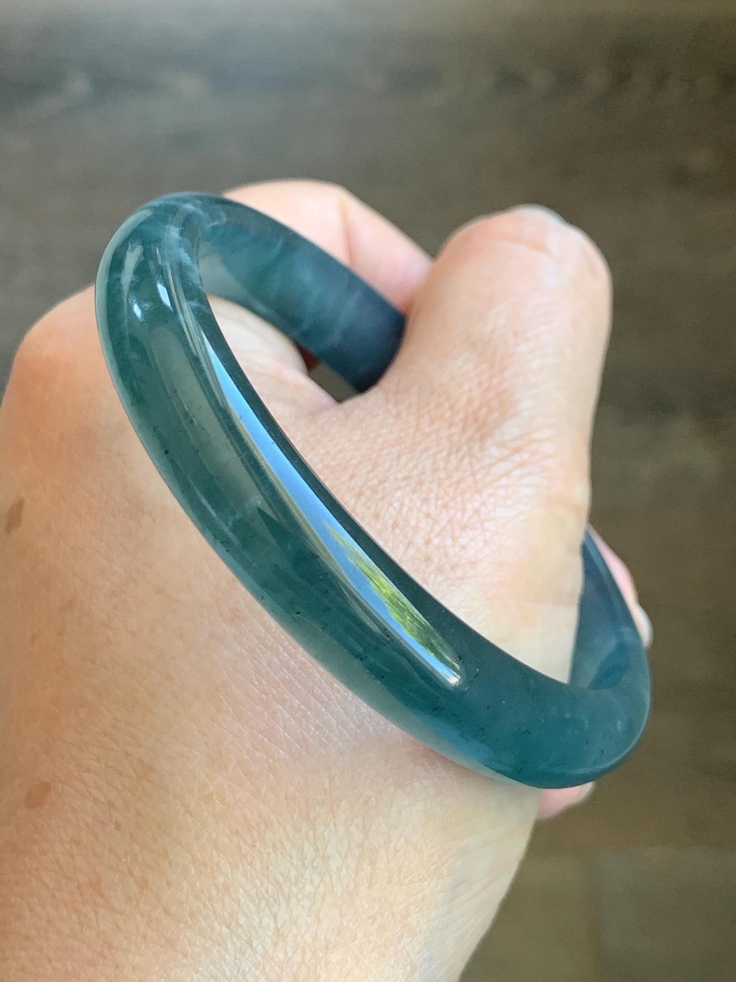 Certified Natural Grade A Guatemalan Icy Translucent Gelatinous Dark Teal Blue Jade Jadeite Wide Bangle 58.6mm 7.25" 天然老种冰胶危蓝绿翡翠正圈手镯 8775