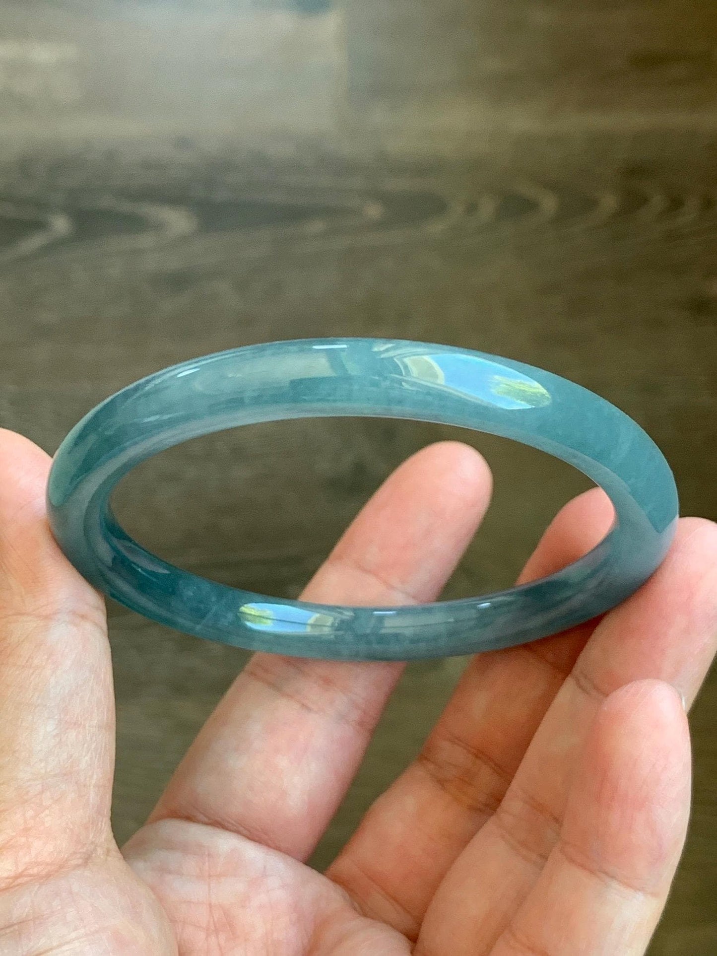 Certified Natural Grade A Guatemalan Icy Translucent Dusty Teal Blue Jade Jadeite Bangle 56.54mm 7” 27.4g 天然冰胶危蓝翡翠细圆条手镯 8795