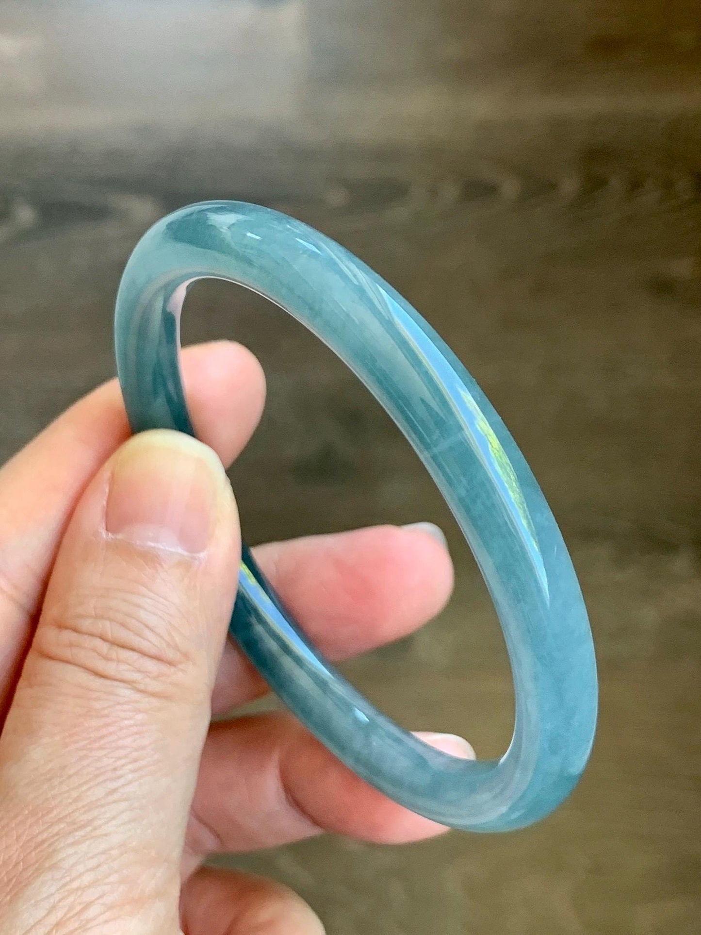 Certified Natural Grade A Guatemalan Icy Translucent Dusty Teal Blue Jade Jadeite Bangle 56.54mm 7” 27.4g 天然冰胶危蓝翡翠细圆条手镯 8795