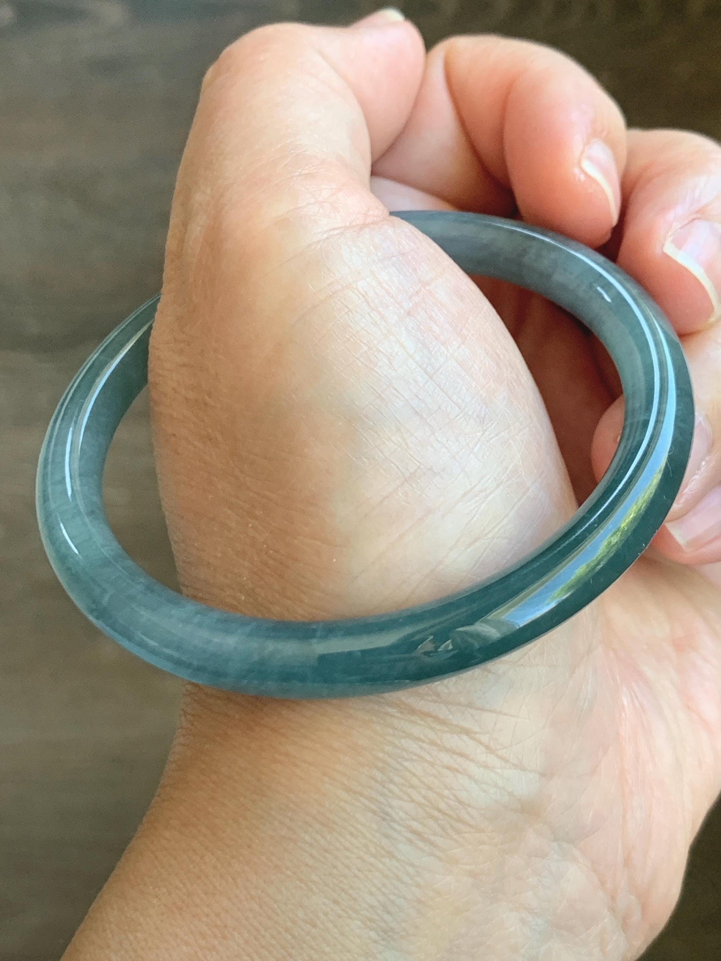Certified Natural Grade A Guatemalan Icy Translucent Dusty Teal Blue Jade Jadeite Bangle 56.54mm 7” 27.4g 天然冰胶危蓝翡翠细圆条手镯 8795