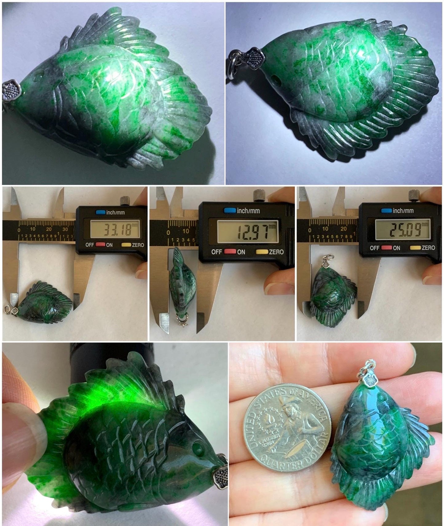 Natural Grade A Green Jadeite Fish Pendant Sterling Silver Bail Vibrant Green Wuji Marbled Carved Jade Icy Translucent 天然辣绿乌鸡飘花翡翠鱼吊坠 MLW220A