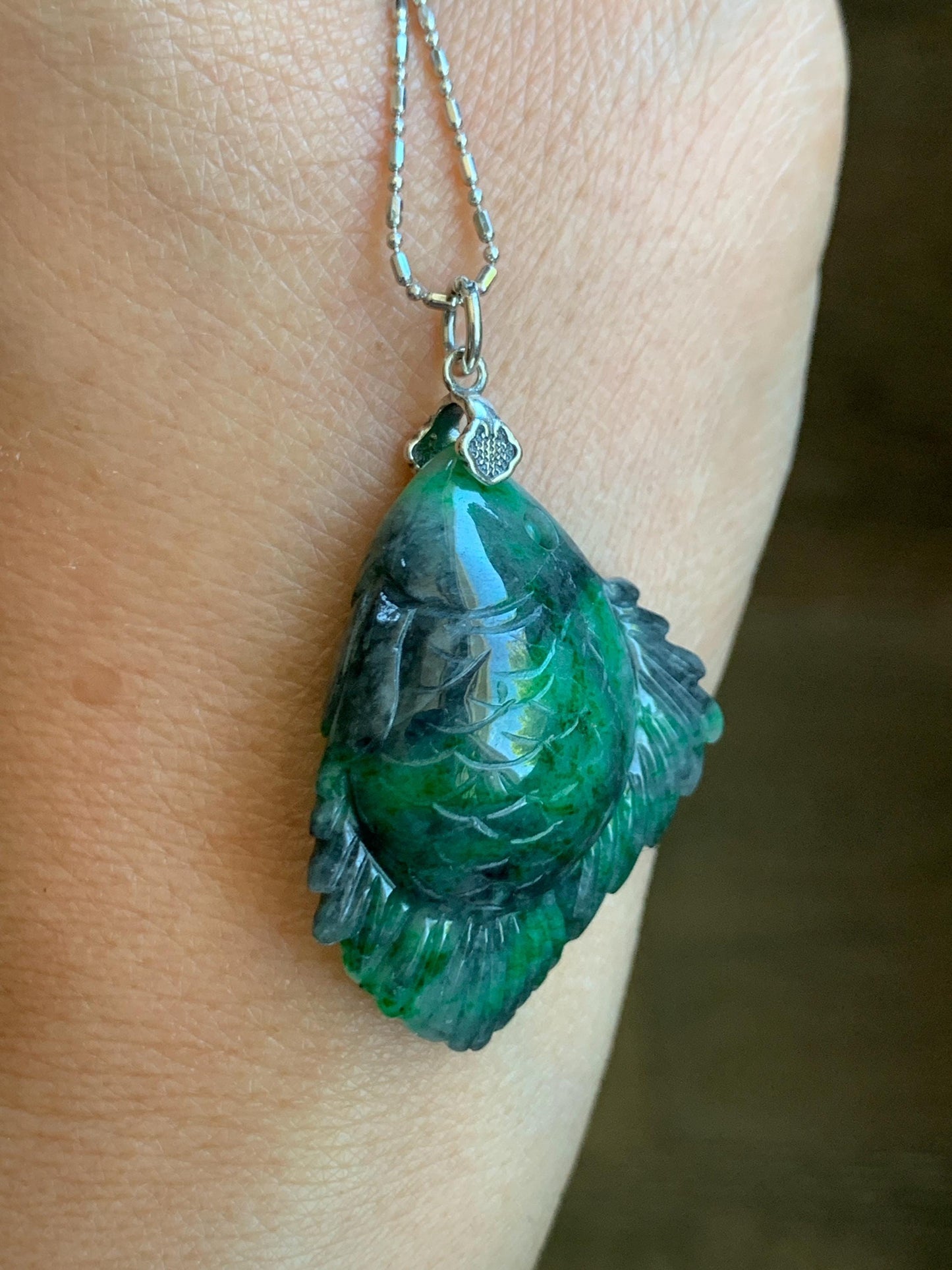 Natural Grade A Green Jadeite Fish Pendant Sterling Silver Bail Vibrant Green Wuji Marbled Carved Jade Icy Translucent 天然辣绿乌鸡飘花翡翠鱼吊坠 MLW220A