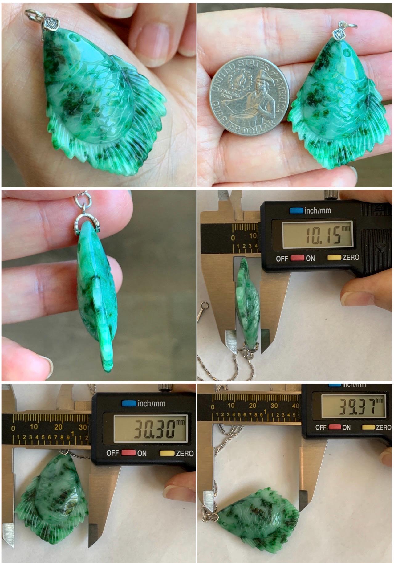 Natural Grade A Icy Translucent Jadeite Fish Pendant: Sterling Silver Bail, Apple Green Dark Green Marbled Jade 天然果绿飘花翡翠鱼吊坠 MLW220B