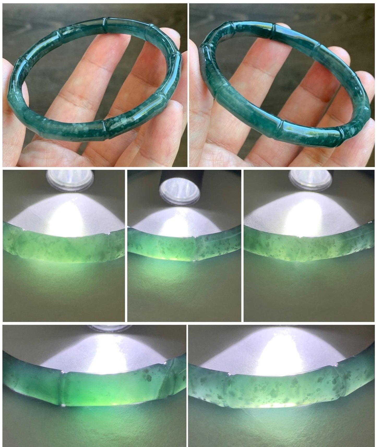 Certified Natural Grade A Guatemalan Icy Translucent Gelatinous Dark Teal Green Jade Jadeite Bamboo Bangle 56.9 7” 22g 天然冰危深浅篮绿翡翠竹节手镯 8802