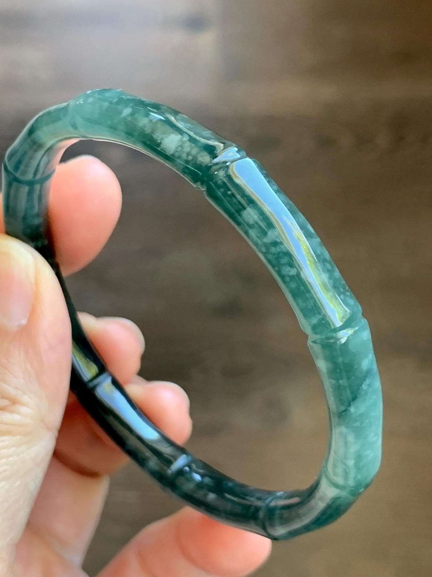 Certified Natural Grade A Guatemalan Icy Translucent Gelatinous Dark Teal Green Jade Jadeite Bamboo Bangle 56.9 7” 22g 天然冰危深浅篮绿翡翠竹节手镯 8802