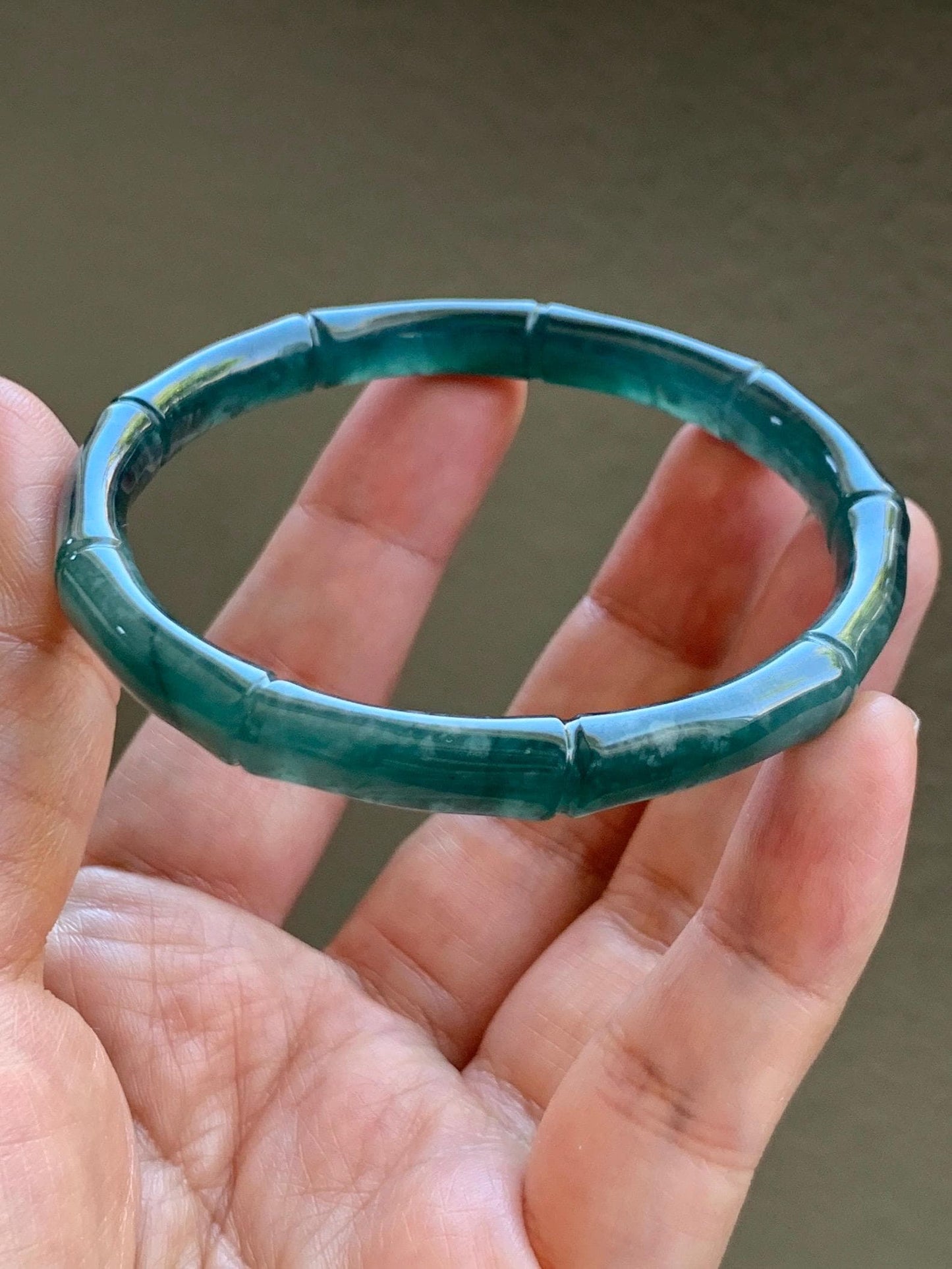 Certified Natural Grade A Guatemalan Icy Translucent Gelatinous Dark Teal Green Jade Jadeite Bamboo Bangle 56.9 7” 22g 天然冰危深浅篮绿翡翠竹节手镯 8802
