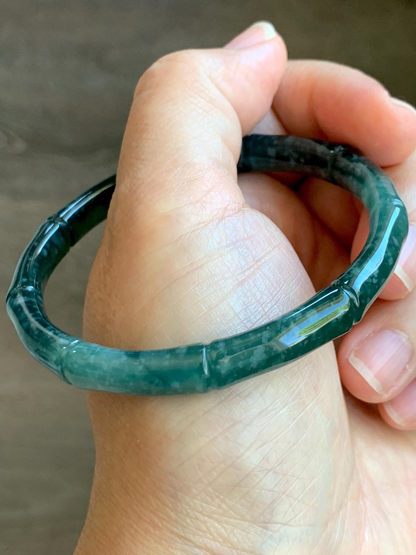 Certified Natural Grade A Guatemalan Icy Translucent Gelatinous Dark Teal Green Jade Jadeite Bamboo Bangle 56.9 7” 22g 天然冰危深浅篮绿翡翠竹节手镯 8802