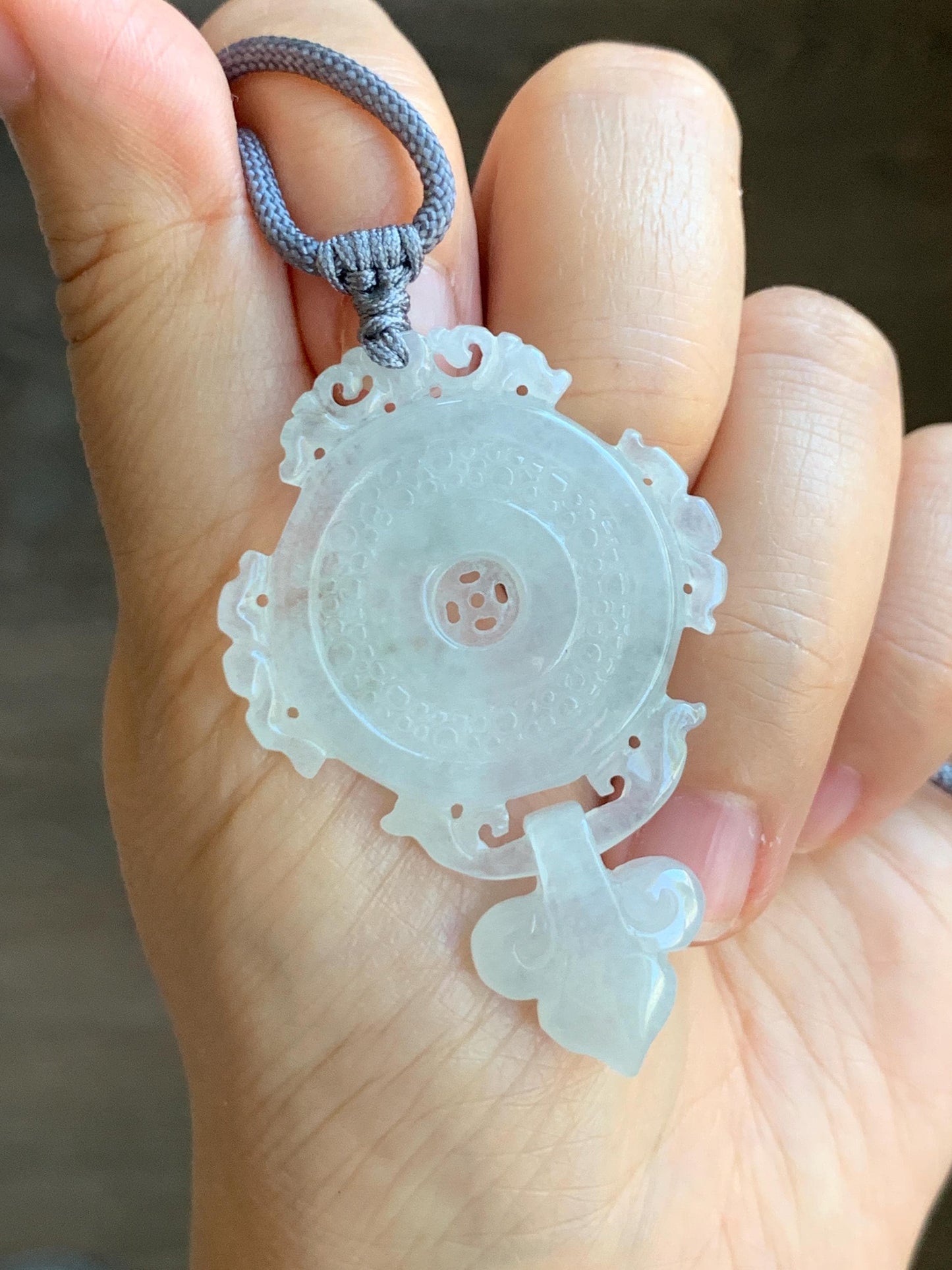 Natural Grade A Icy Highly Translucent White Jade Jadeite Lotus Flower Ping An Kou Donut Pendant Rope Necklace 26" 天然白冰翡翠莲花平安扣吊坠项链 FGK275