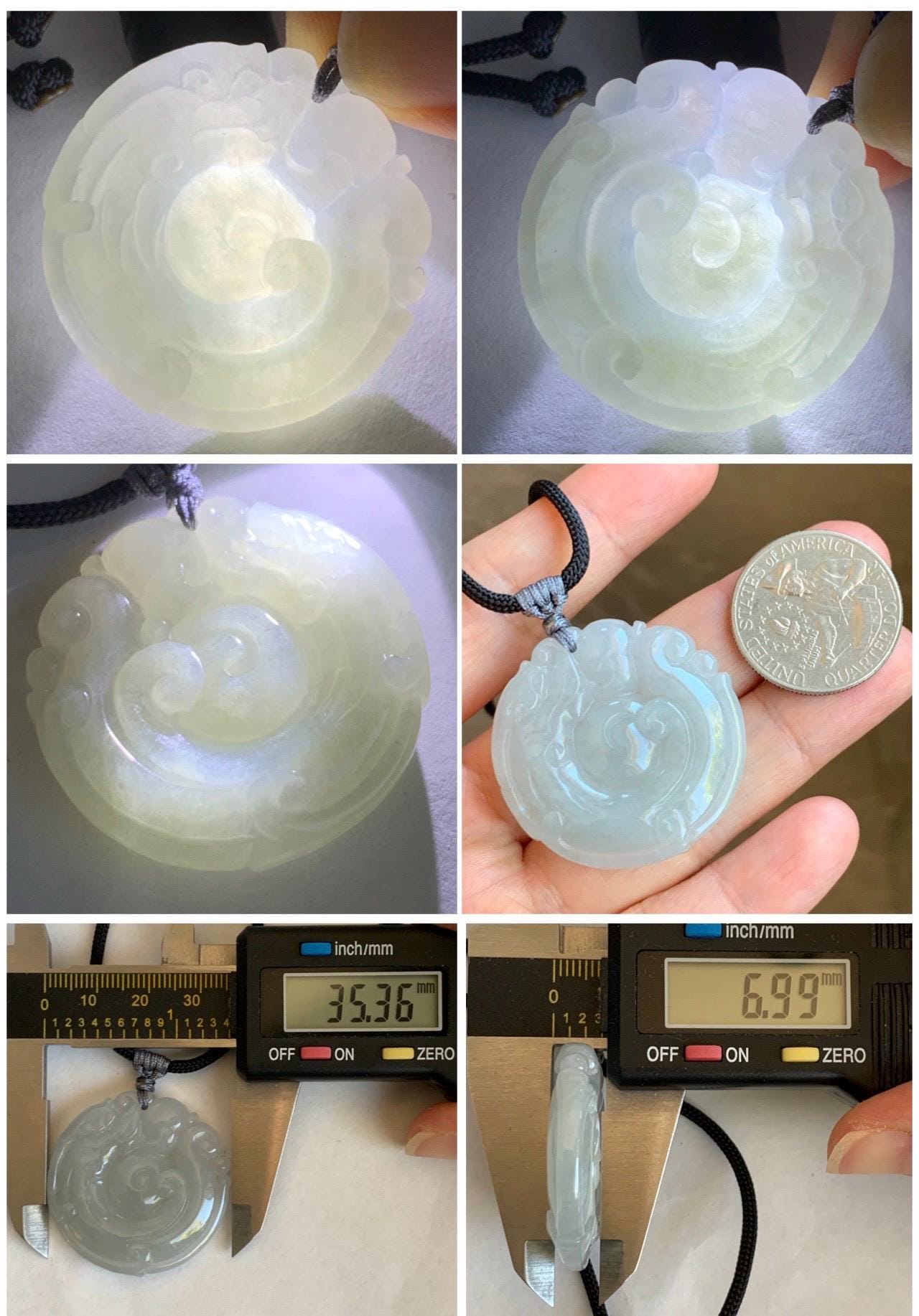 Natural Grade A Icy Translucent Pastel Smoky Gray Jade Jadeite Carved Dragon Donut Pendant Rope Necklace 26” 18g 天然冰烟灰色翡翠盘龙平安扣吊坠项链 PLK120