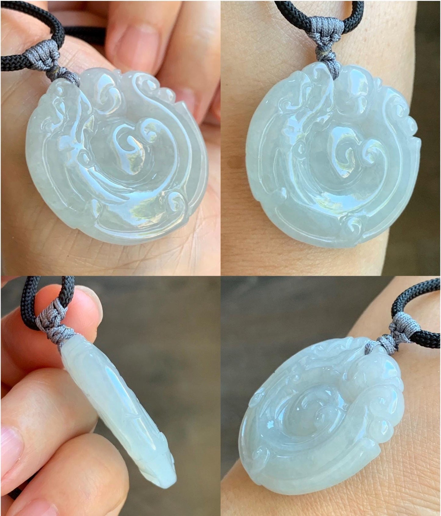 Natural Grade A Icy Translucent Pastel Smoky Gray Jade Jadeite Carved Dragon Donut Pendant Rope Necklace 26” 18g 天然冰烟灰色翡翠盘龙平安扣吊坠项链 PLK120