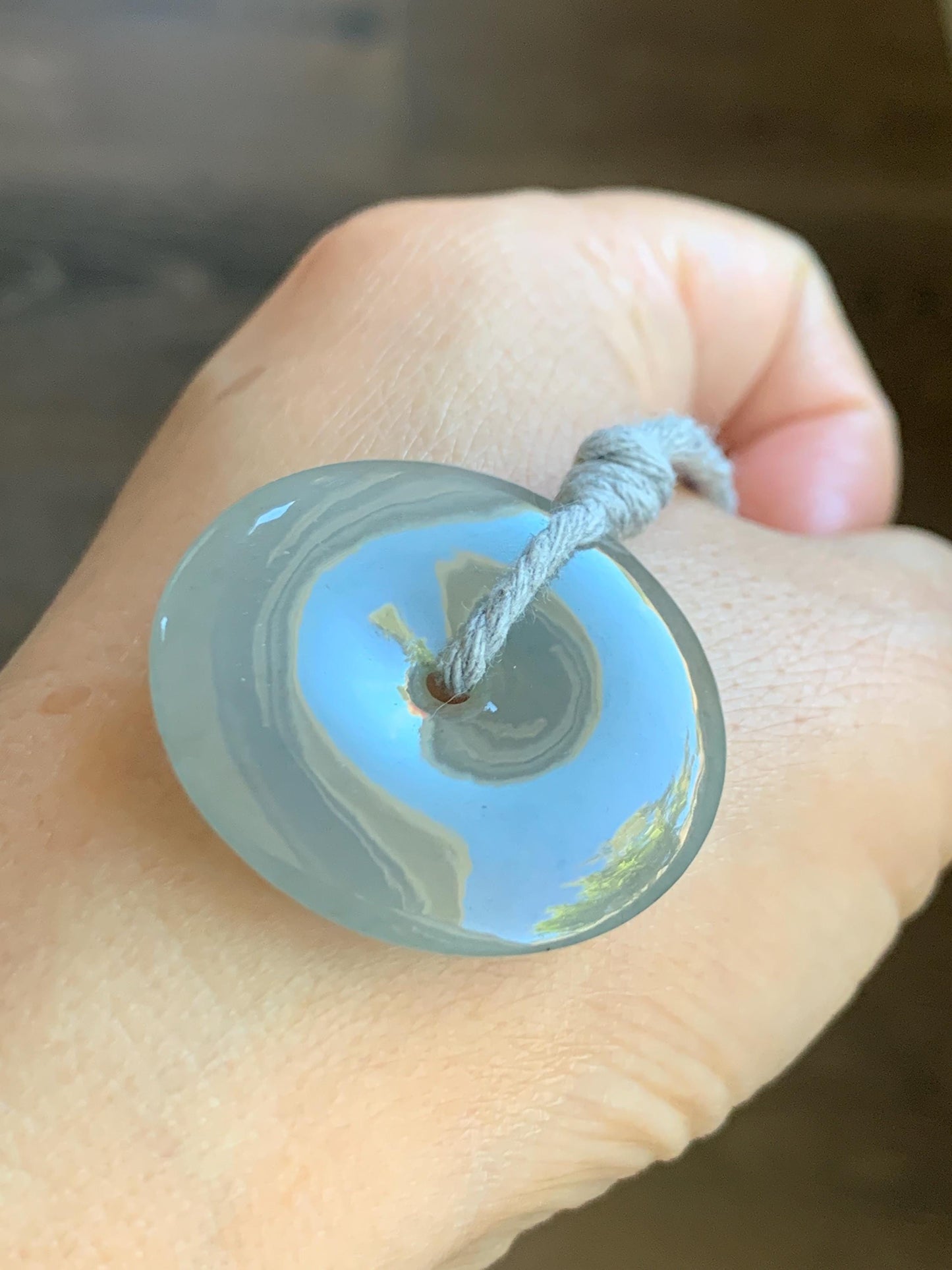 Natural Grade A Icy Translucent Pastel Smoky Gray Jade Jadeite Ping An Kou Donut Pendant Rope Necklace 25” 12g 天然冰烟灰色翡翠平安扣吊坠项链 MLW120C