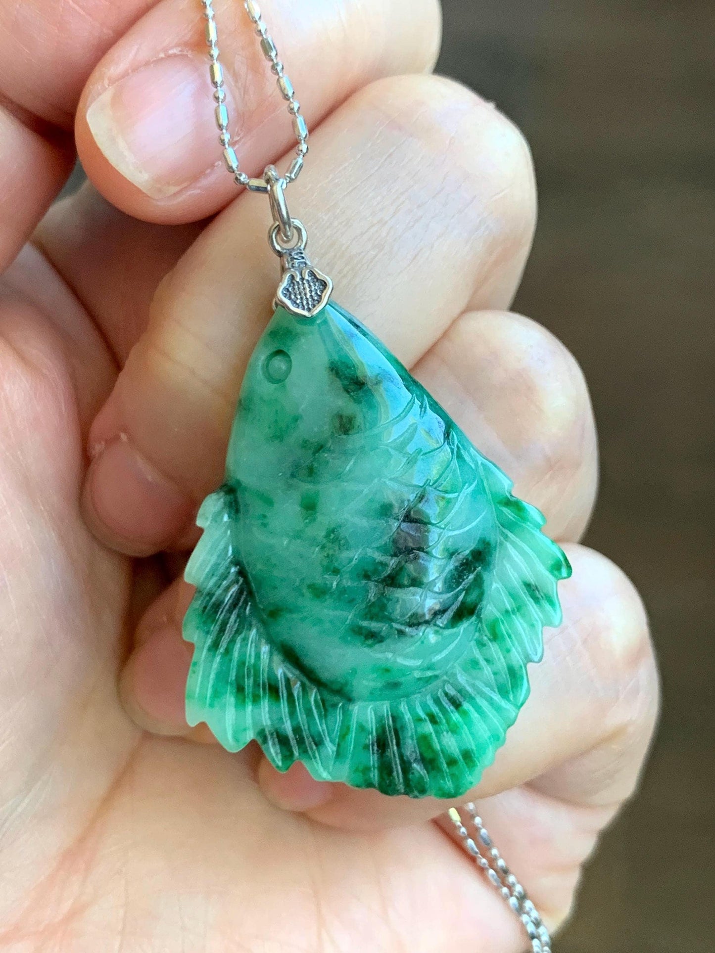 Natural Grade A Icy Translucent Jadeite Fish Pendant: Sterling Silver Bail, Apple Green Dark Green Marbled Jade 天然果绿飘花翡翠鱼吊坠 MLW220B